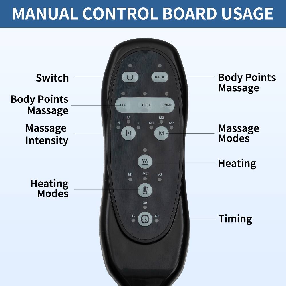 MANUAL CONTROL BOARD USAGE

Switch

Body Points Massage

Massage Intensity

Heating Modes

Body Points Massage

Massage Modes

Heating

Timing