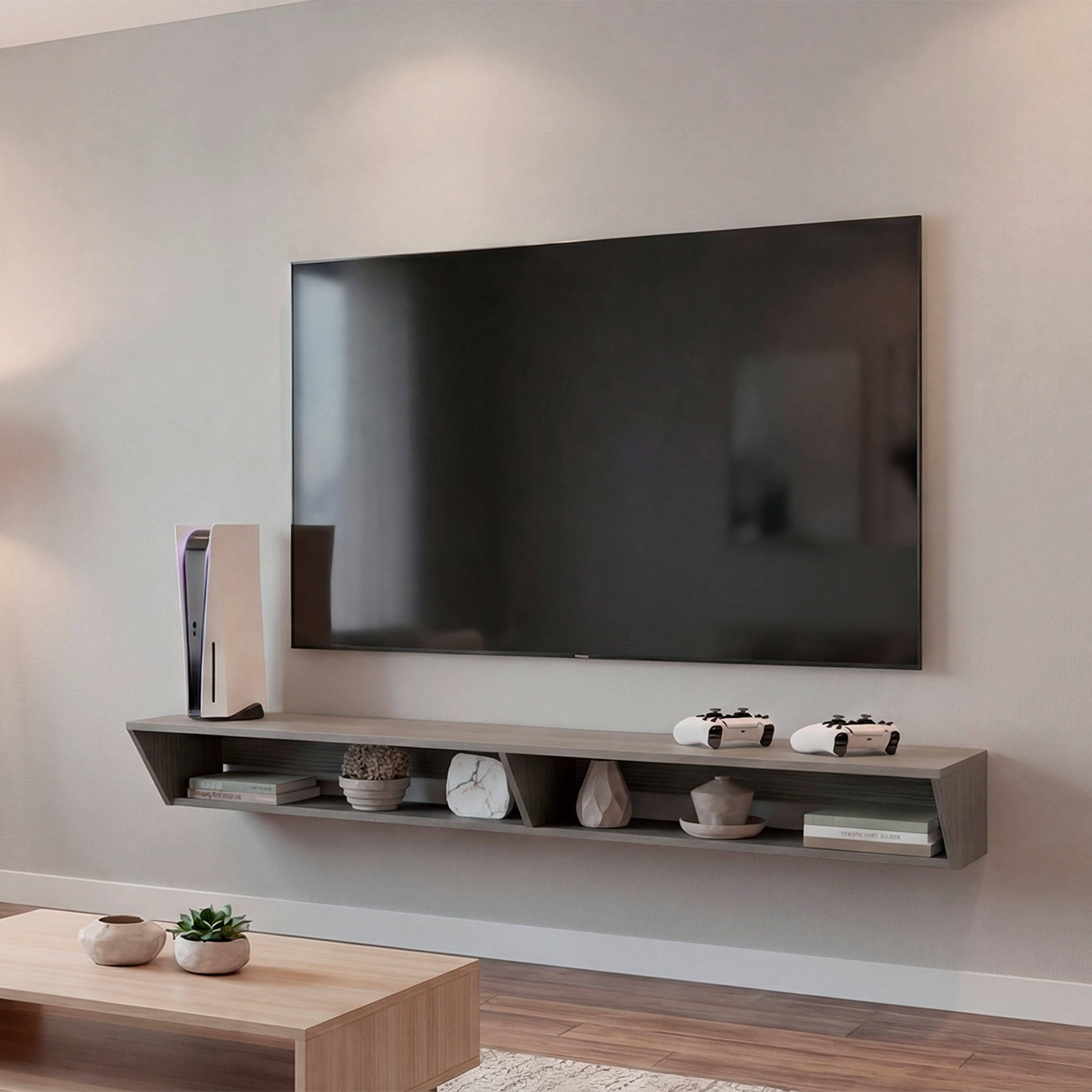 Angle. TuHome - Modern Floating TV Stand for 50-65 Inch TVs, Gaming Consoles, with Open Display Shelves, Wall Entertainment Center - Silver Oak.