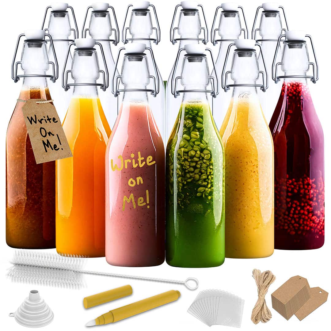 Nevlers - 17 Oz. Round Swing Top Glass Bottles with Shrink Wrap, Paper Tags, Bottle Brush, Funnel and Marker (Set of 12)