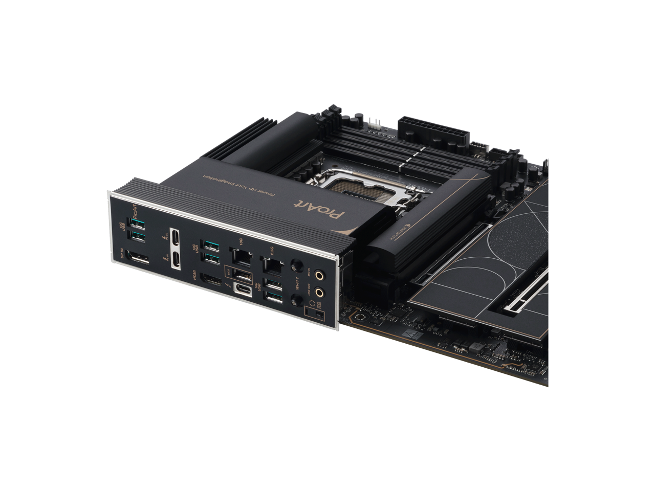 The text in the image appears to be a mix of different elements. Here is the corrected and grouped text:

**Front Panel:**
- Power
- Reset
- USB 3.0
- USB 2.0
- Audio (Headset, Mic, Line Out)
- HDMI
- DisplayPort
- VGA

**Top Panel:**
- ProArt

**Bottom Panel:**
- ProArt
- Intel Core i7
- Intel Core i5
- Intel Core i3

**Other Text:**
- 2.50
- 1 Wn m2
- OH
- ROSREA

The text seems to be a mix of specifications and branding related to a computer system, possibly a workstation or gaming PC.