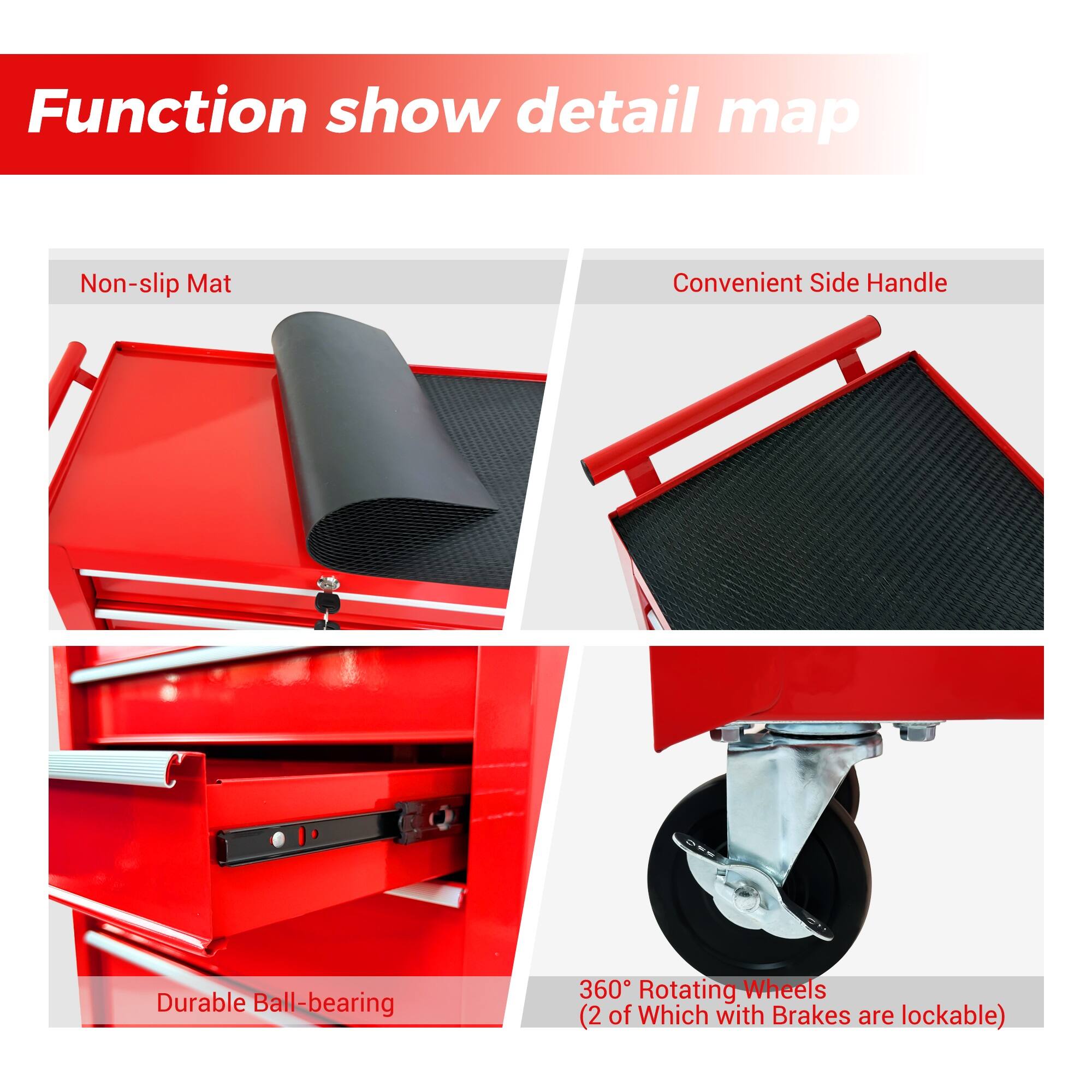Function show detail map  
Non-slip Mat  
Convenient Side Handle  
Durable Ball-bearing  
360° Rotating Wheels (2 of Which with Brakes are lockable)