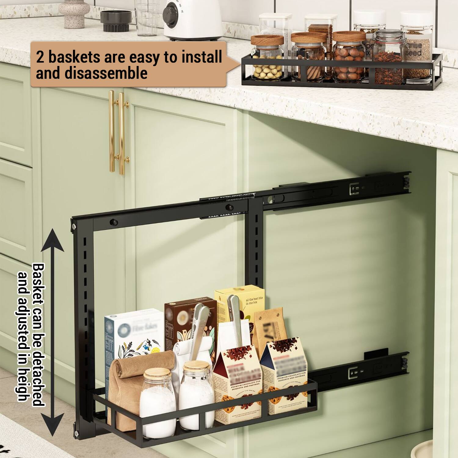 2 baskets are easy to install and disassemble

Basket can be detached and adjusted in height