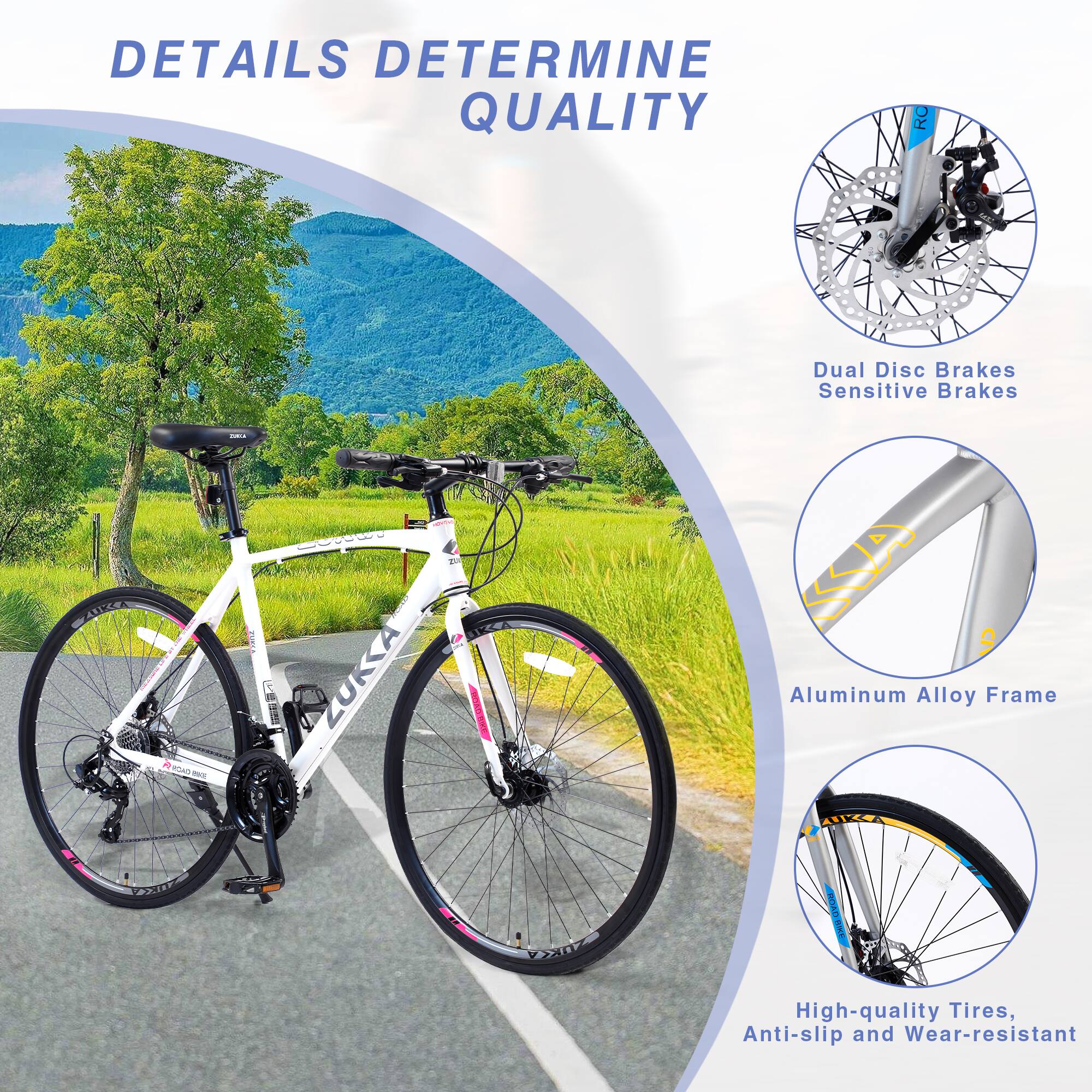 DETAILS DETERMINE QUALITY

- Dual Disc Brakes
- Sensitive Brakes
- Aluminum Alloy Frame
- High-quality Tires, Anti-slip and Wear-resistant