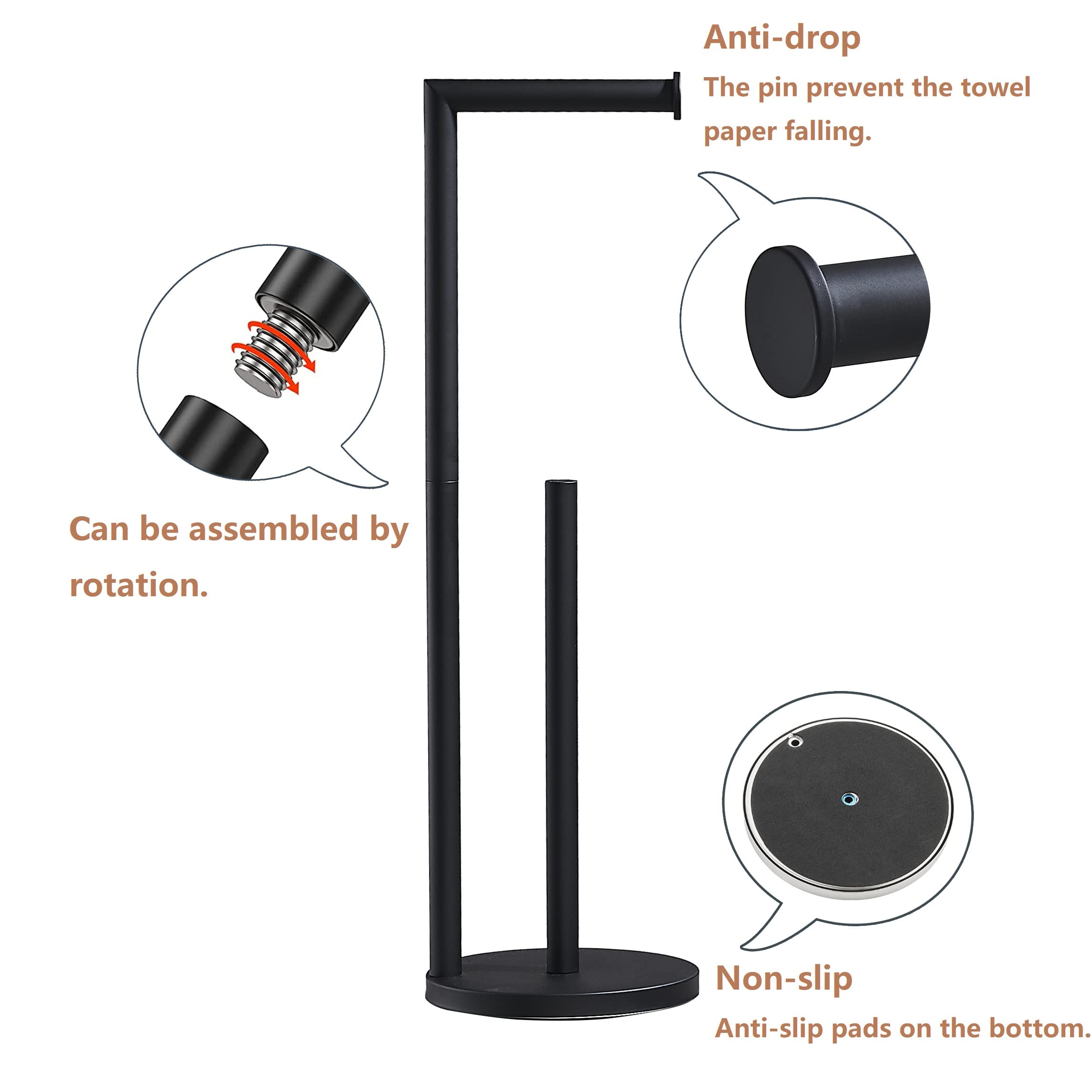 Anti-drop  
The pin prevents the towel paper from falling.  

Can be assembled by rotation.  

Non-slip  
Anti-slip pads on the bottom.