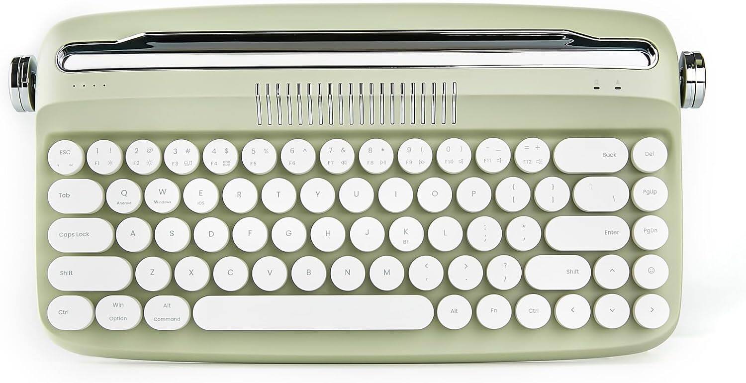 Wikistore - Upgraded Wireless Typewriter Keyboard, Retro Keyboard with Integrated Stand, Cute Round Keycaps for Multi Device - Light/Pastel Green