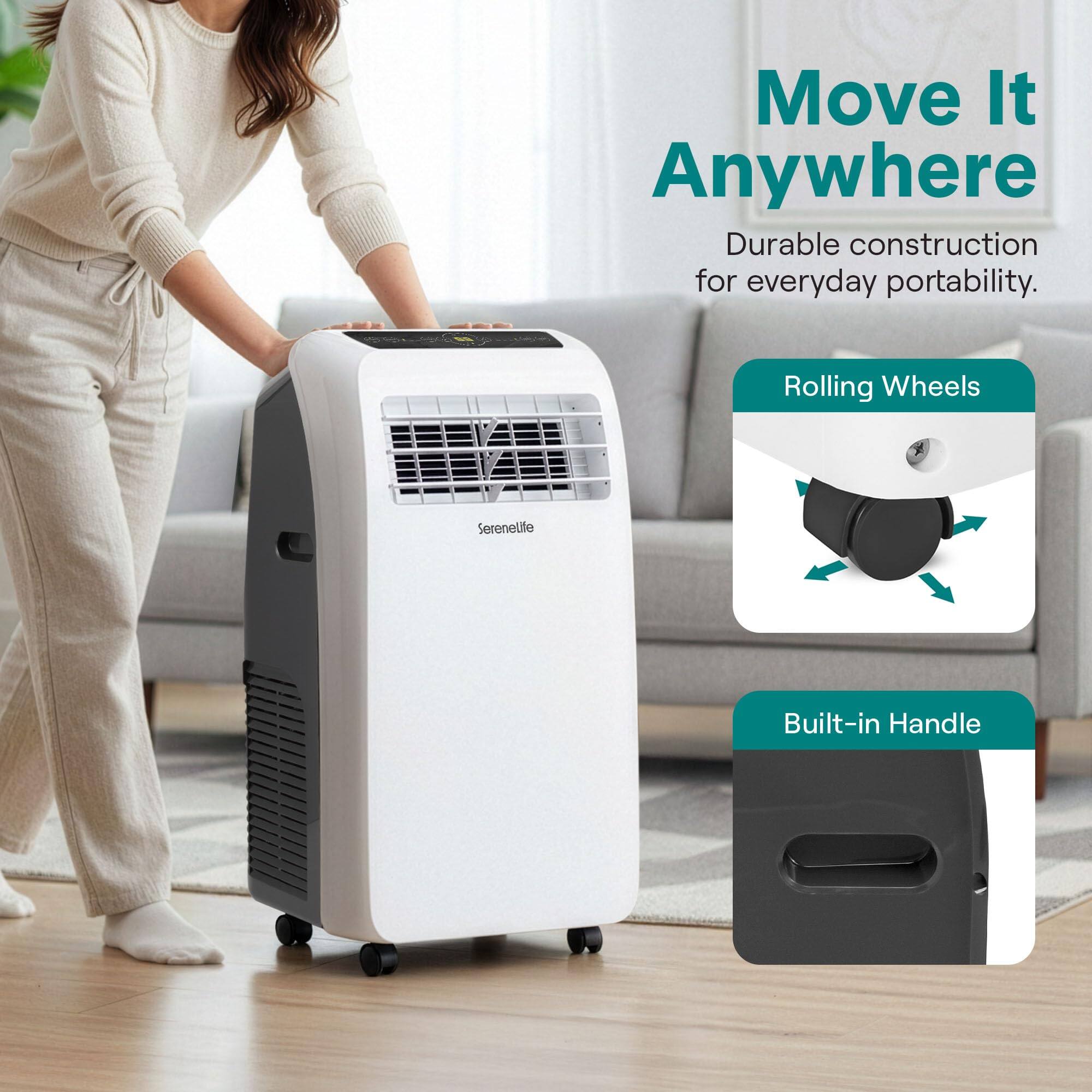 Move It Anywhere  
Durable construction for everyday portability.  
Rolling Wheels  
Built-in Handle