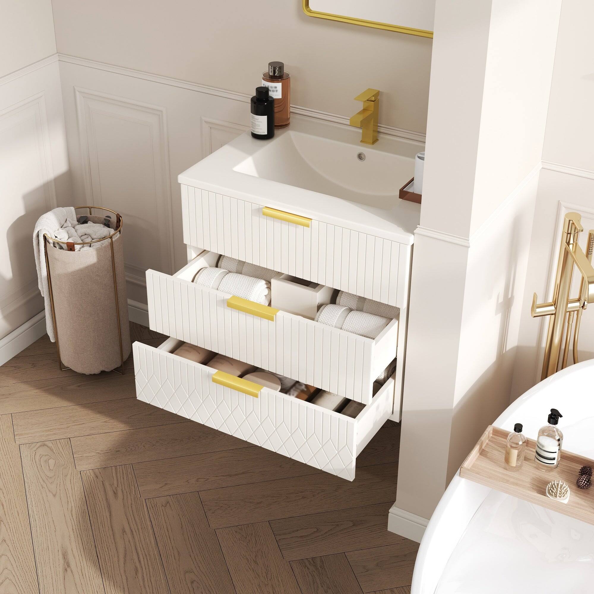 Alt View 2. Boyel Living - 24 Inch Wall Mounted Bathroom Vanity with Ceramic Sink and Double Drawers White - White.