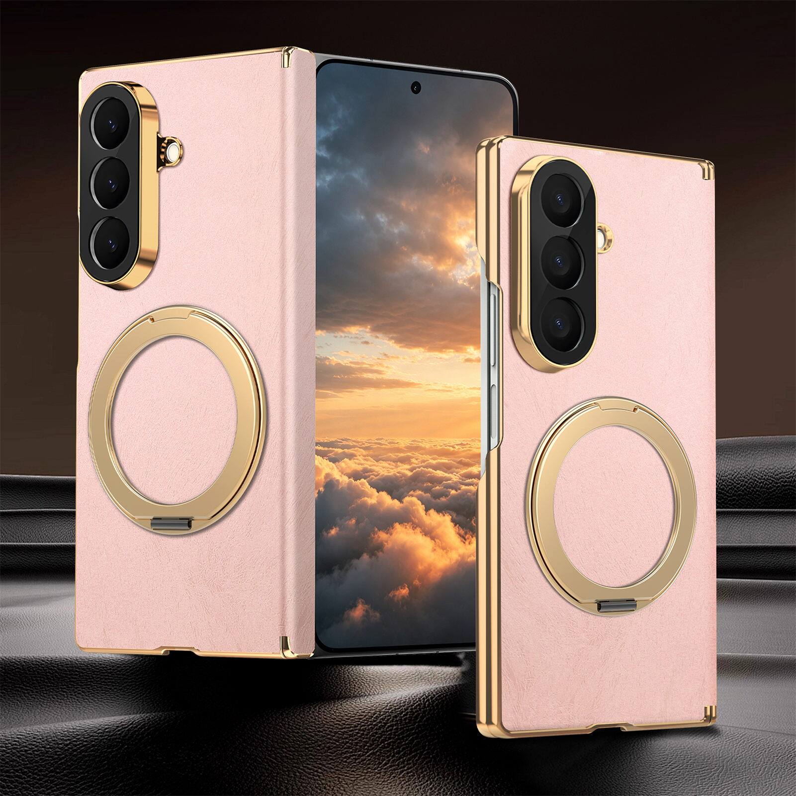 Left. Dteck - Shockproof Magnetic Case for Samsung Galaxy Z Fold8 Ultra with Ring Stand, Leather Texture Rigid Plastic Hinge Cover - Pink.