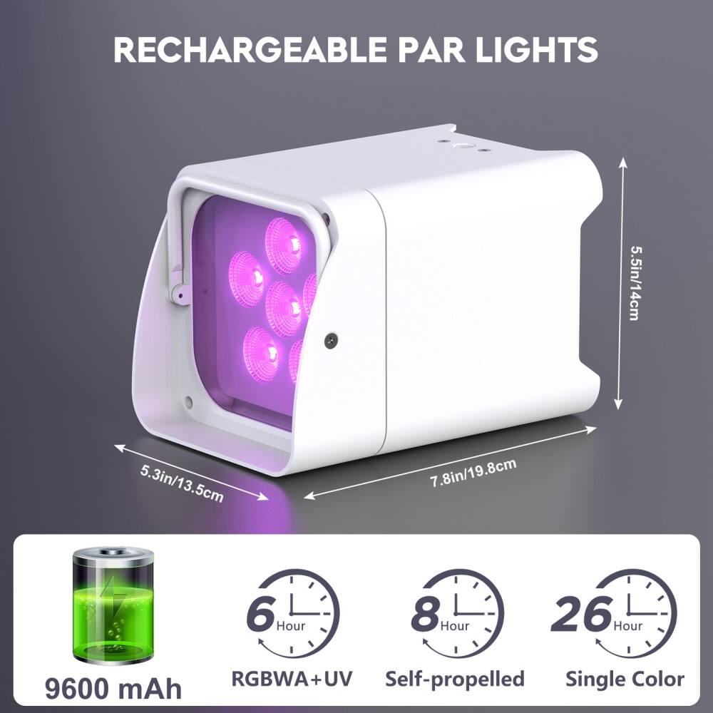 RECHARGEABLE PAR LIGHTS

- Dimensions: 5.5in/14cm x 5.3in/13.5cm x 7.8in/19.8cm
- Battery: 9600 mAh
- Features: RGBWA+UV
- Modes: 6 Hour, 8 Hour, 26 Hour
- Self-propelled
- Single Color