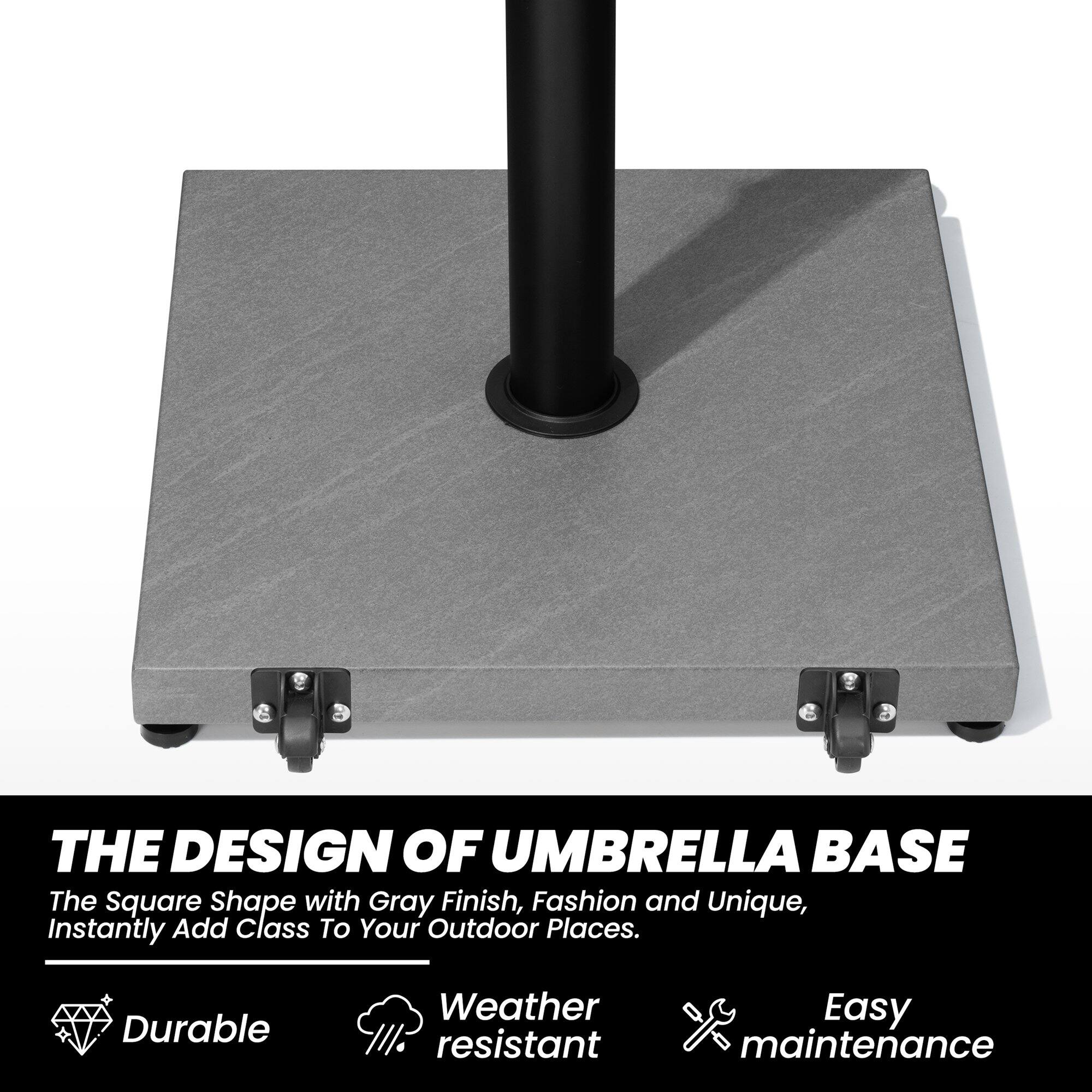 THE DESIGN OF UMBRELLA BASE

The Square Shape with Gray Finish, Fashion and Unique, Instantly Add Class To Your Outdoor Places.

- Durable
- Weather resistant
- Easy maintenance
