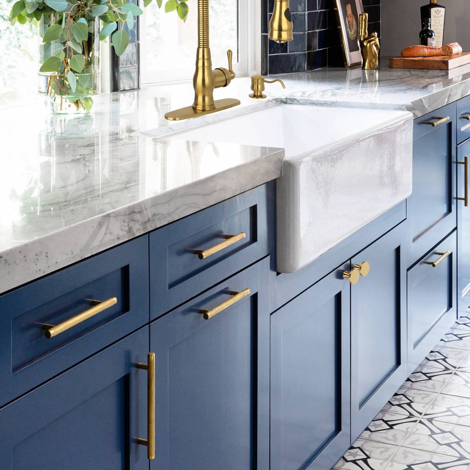 Alt View 4. Akicon - Akicon Solid Brass 5 Inch Hole Center Kitchen Cabinet Handles Drawer Pull 5-Pack in Brushed Gold - Brushed Gold.