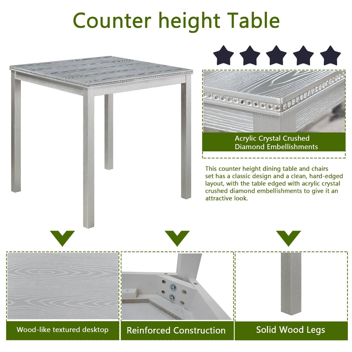 Loheer 5 Piece Counter Height Dining Table Set, Square Wood Table with ...