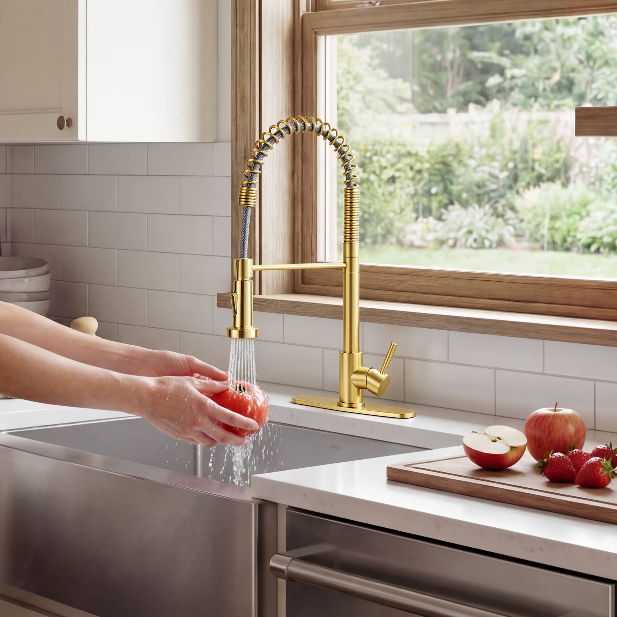 Alt View 7. Akicon - Akicon Pre-Rinse Spring Single Handle Stainless Steel Kitchen Faucet with Dual-Function Sprayer in Brushed Gold - Brushed Gold.
