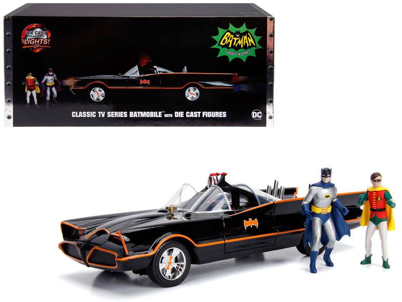 Jada - Classic TV Series Batmobile with Working Lights, and Diecast Batman and Robin Figures "80 Years of Batman" 1/18 - Black