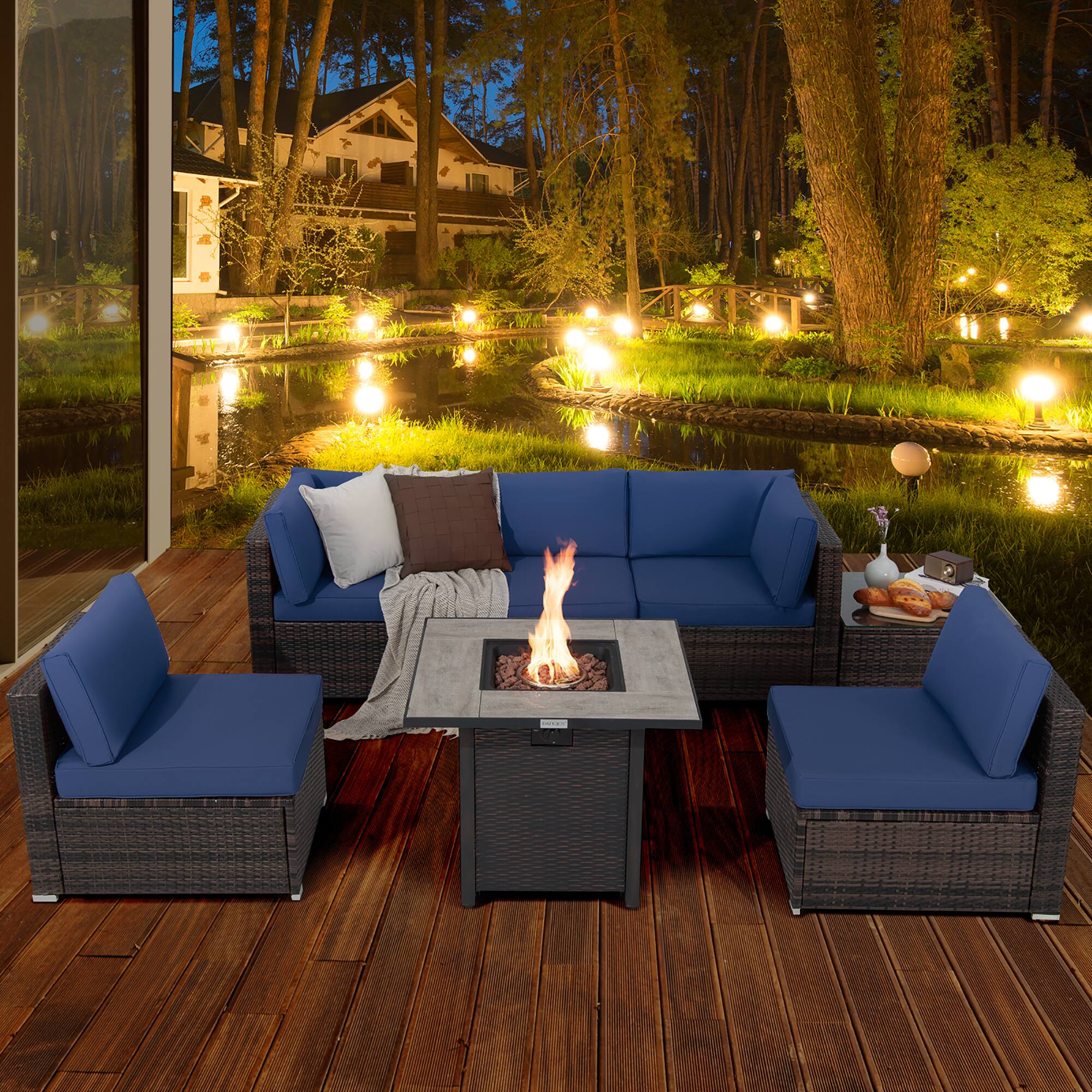 Alt View 2. Costway - Costway 7PCS Patio Rattan Furniture Set 30" Fire Pit Table Cover Cushion Sofa - Navy.