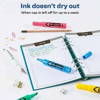 Ink doesn't dry out  
When cap is left off for up to a week  

Hi-Liter  
10-10  
TO-DO  
TO-DO  
Sway Science  
Needs  
By dance to ve+  
Bay Rex  
Tace  
Hi-Liter  
10-14  
A T S  
1 19 20