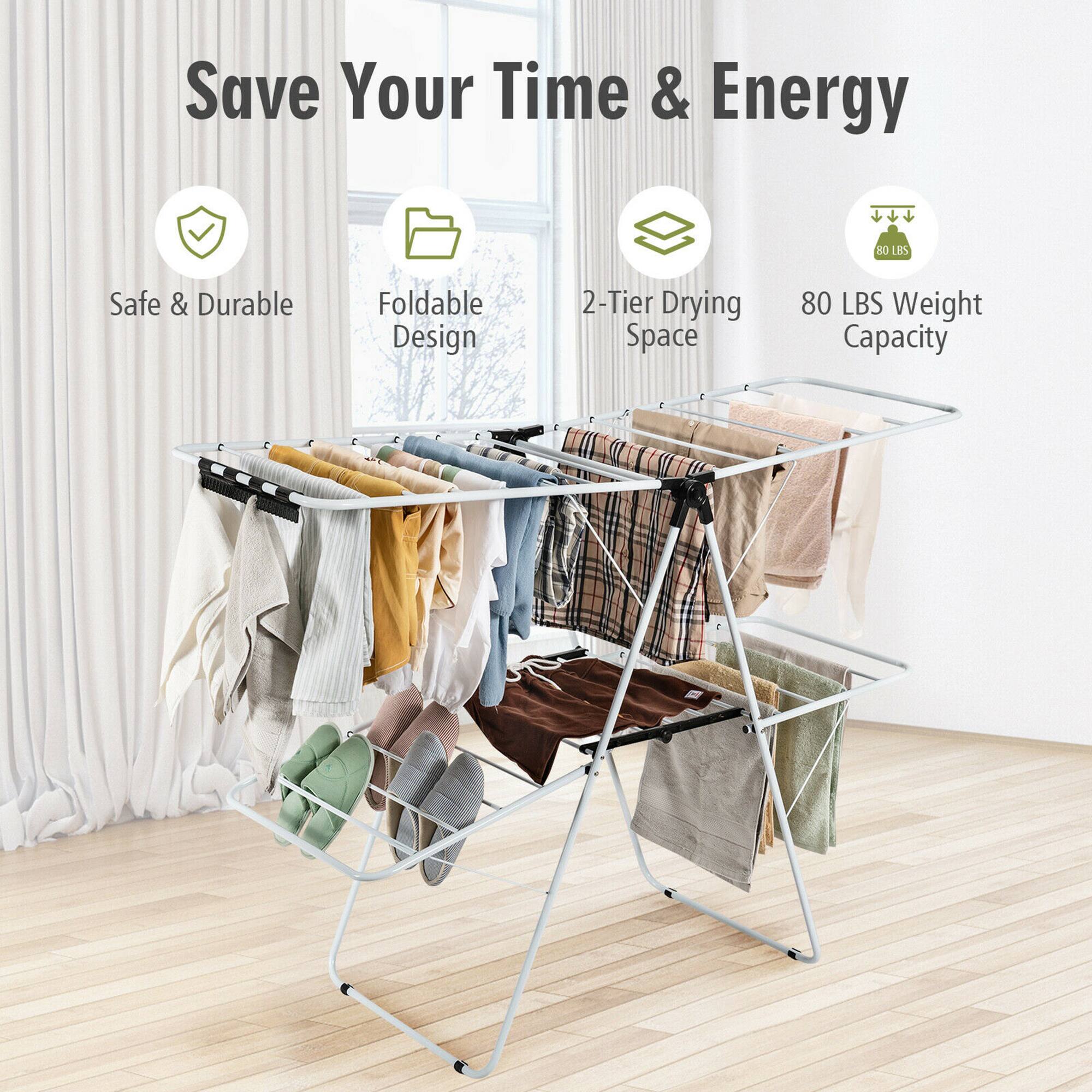 Save Your Time & Energy, Safe & Durable, Foldable Design, 2-Tier Drying Space, 80 LBS Weight Capacity