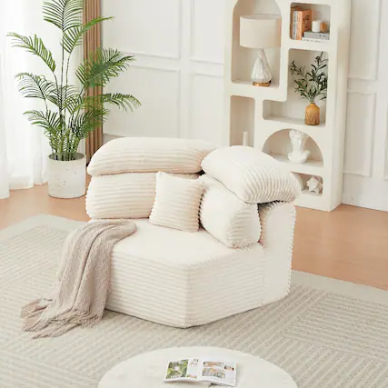 Front. Loheer - Loheer Modular Sofa 53-Inch Cream Corduroy Single Seater Lounge Chair Pentagonal Foam Sofa - Cream.