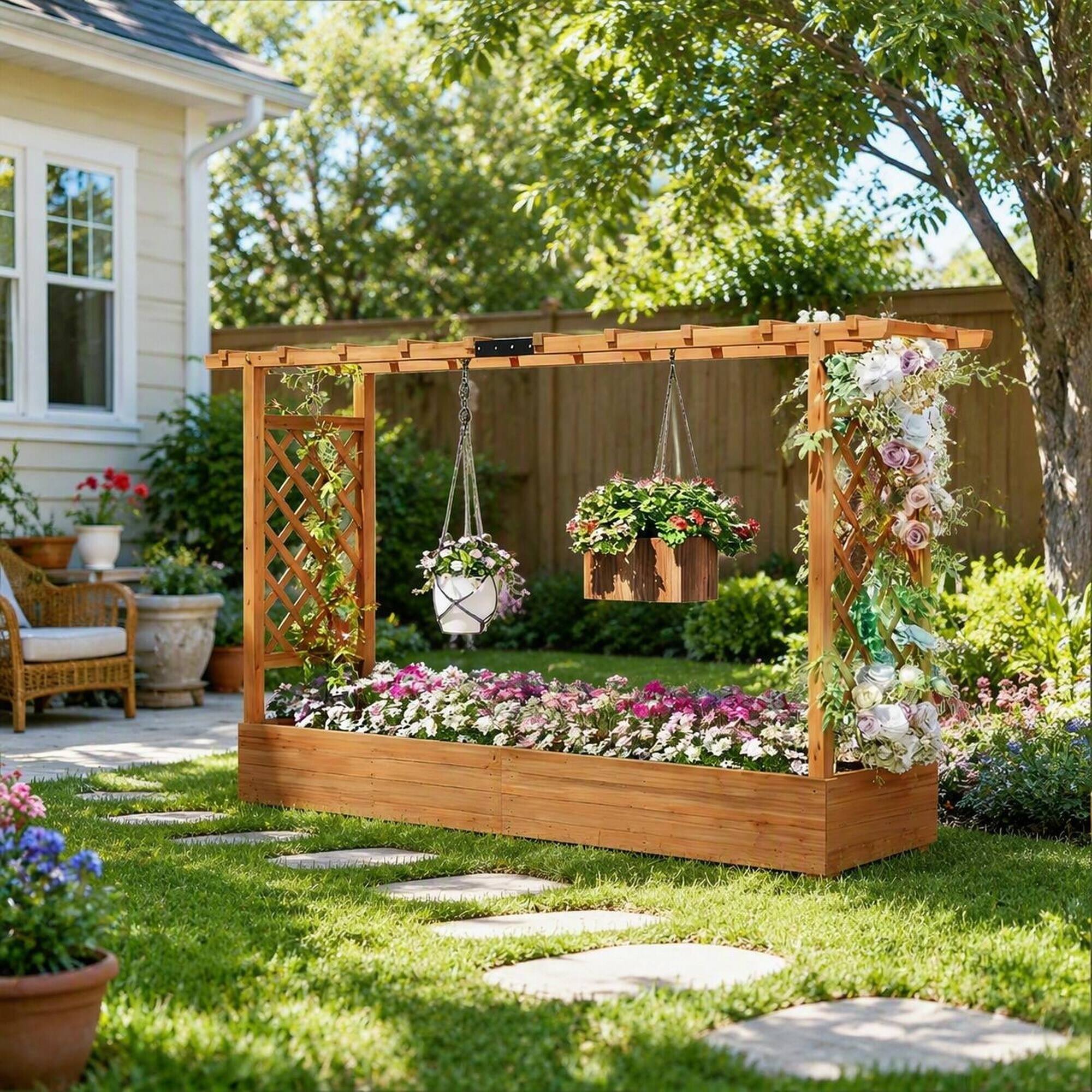 Alt View 2. RYHNUYNE - Wooden Raised Garden Bed with Arched Trellis, Fir Wood Planter Box for Climbing Plants, Large 68.9x15.4 Inch - Natural Wood.