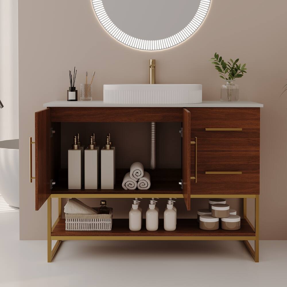 Back. Loheer - Loheer 36 inch Modern Bathroom Vanity Walnut Freestanding Cabinet with Ceramic Vessel Sink - Walnut, Gold, White.