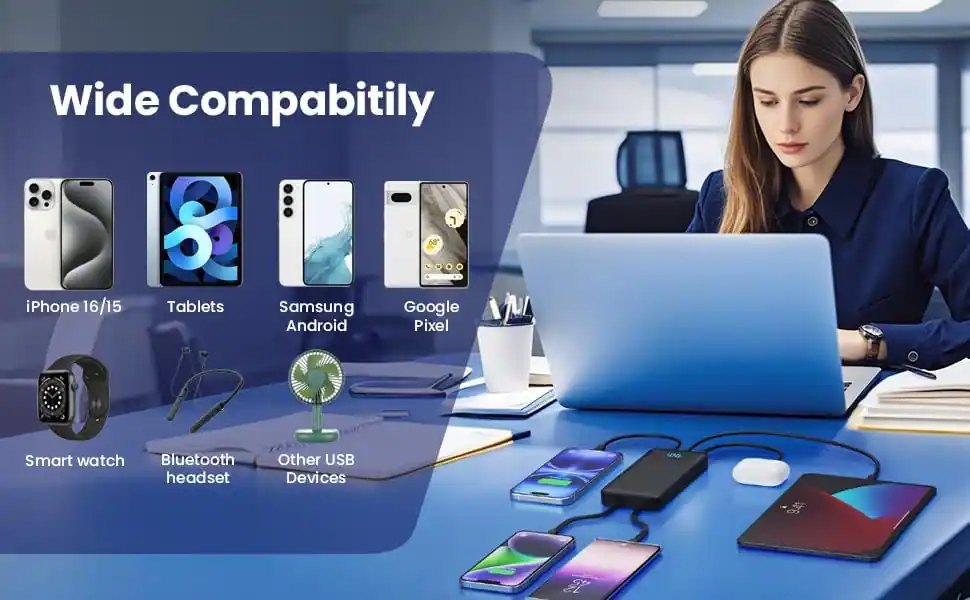 Wide Compatibility

iPhone 16/15

Tablets

Samsung Android

Google Pixel

Smart watch

Bluetooth headset

Other USB Devices