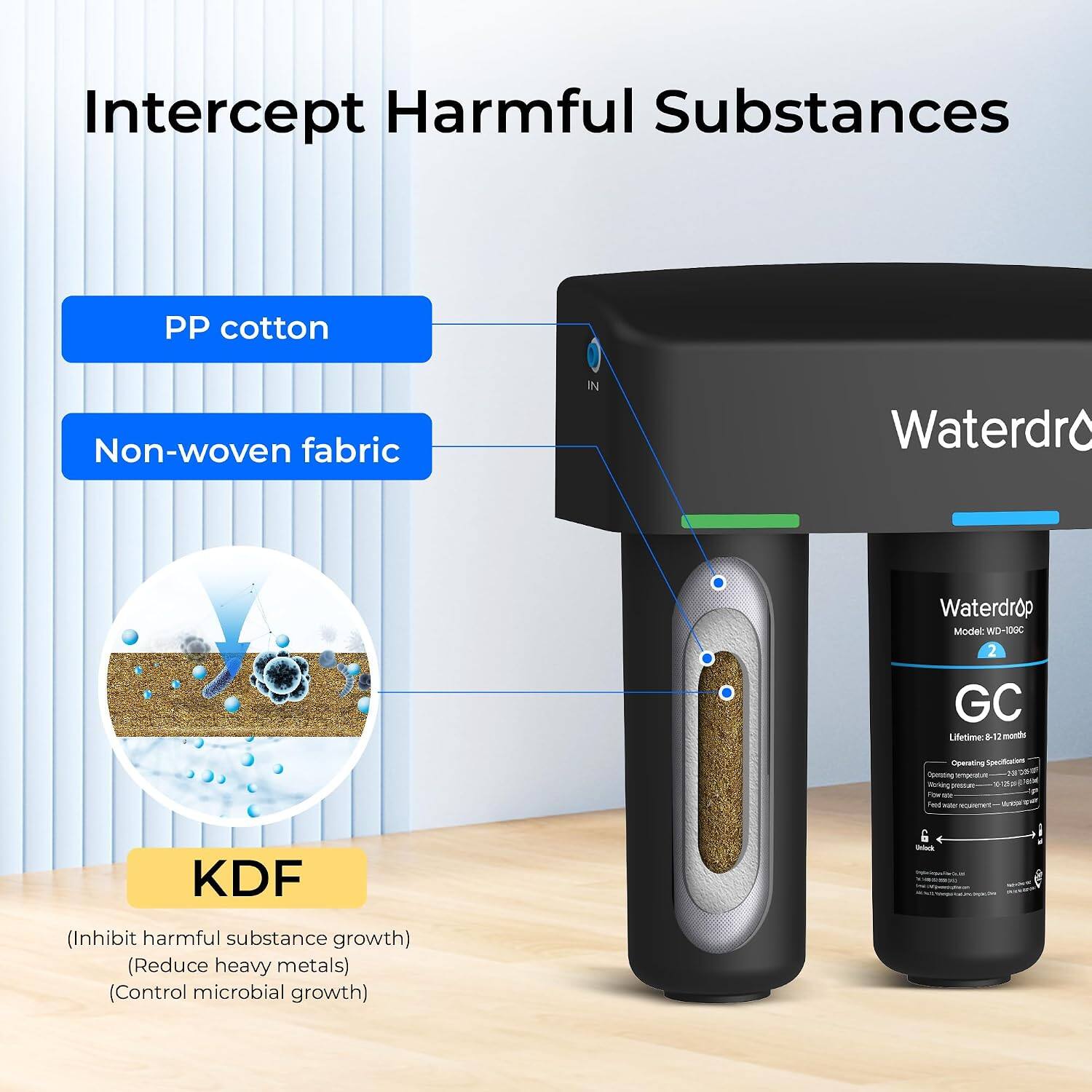 Intercept Harmful Substances

- PP cotton
- Non-woven fabric
- Waterdrop Model WD-103C 2 GC
  - Lifetime: 8-12 months

Operating Specifications
- Operating temperature: 28-38°C
- String must be hung for me hot x2x required
- KDF
  - (Inhibit harmful substance growth)
  - (Reduce heavy metals)
  - (Control microbial growth)