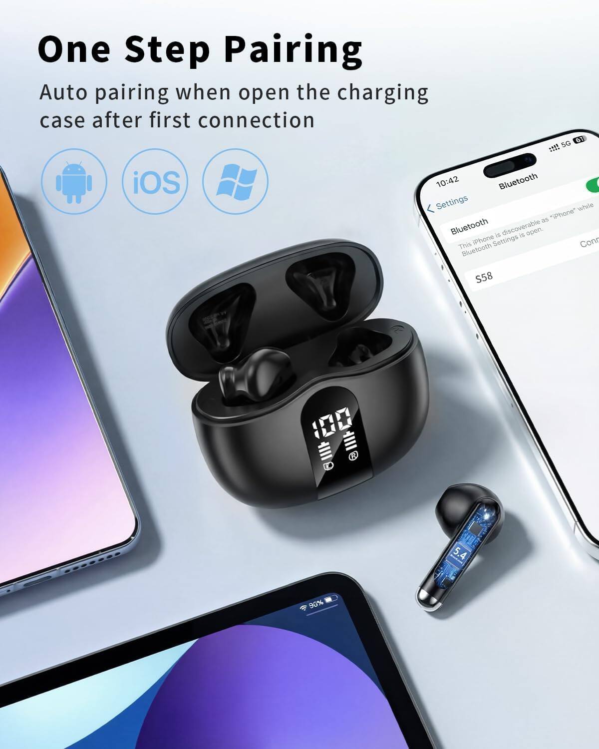 One Step Pairing  
Auto pairing when open the charging case after first connection  

61 111!  
5G iOS 10:42 Bluetooth Settings while as "iPhone* Bluetooth is discoverable is open.  

This iPhone Settings Con Bluetooth S58 100 L IIII CE 5.4 90%