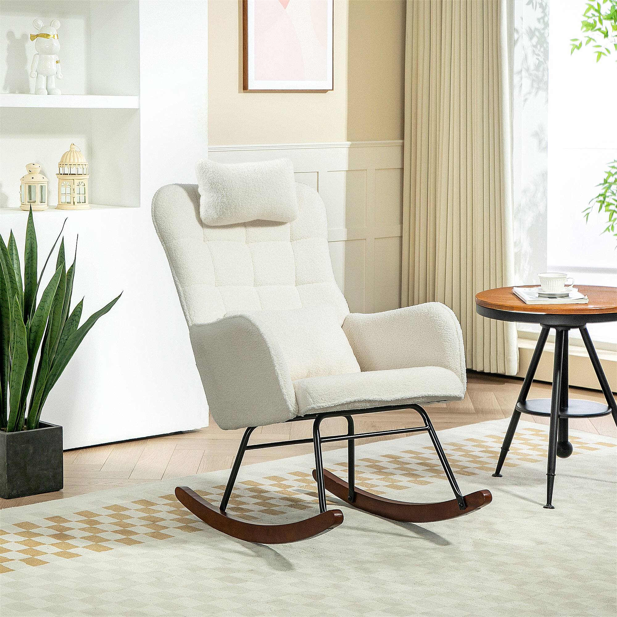 Alt View 1. Homcom - Upholstered Rocking Chair with Headrest and Lumber Pillow, Teddy Fleece Modern Rocker Chair with High Back, Steel Frame - Cream White.