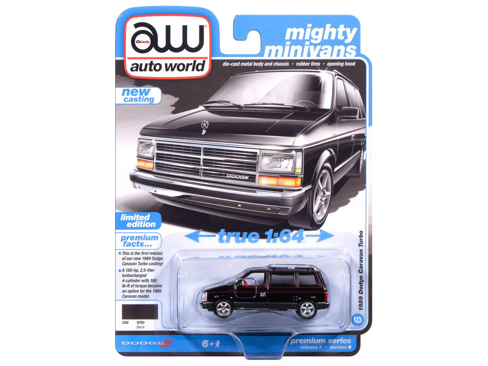 mighty minivans world die-cast metal body and chassis rubber tires opening hood auto new casting DOOGE limited edition premium facts... This is the first release of our new 1989 Dodge Caravan Turbo casting! A 150-hp, 2.5-liter turbocharged 4-cylinder with 180 lb-ft of torque became an option for the 1989 Caravan model. true 1:64 Turbo Caravan Dodge 1989 DXB 9700 Stack DODGE 6+* premium series release 3 version