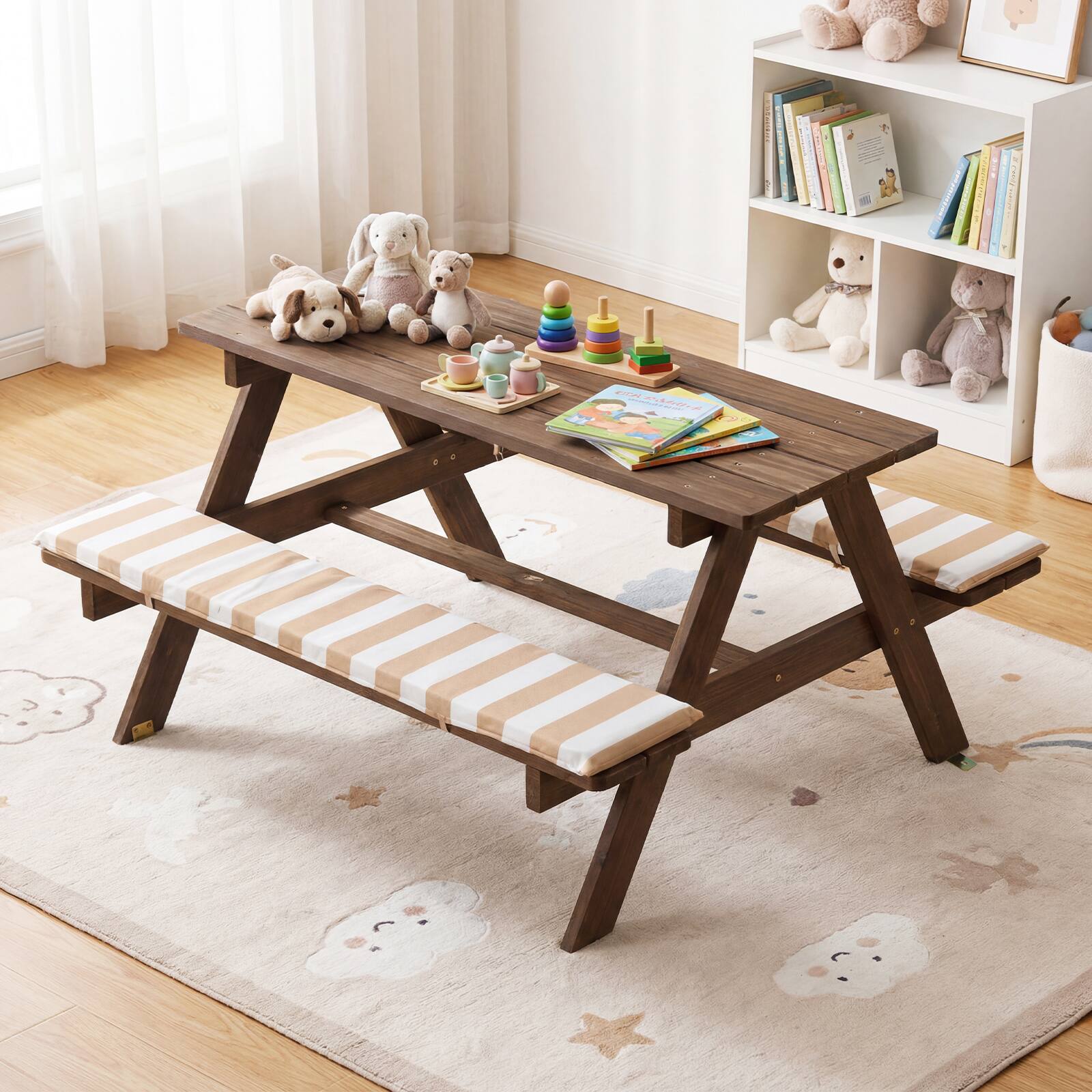 Alt View 3. Gymax - Gymax Kids Picnic Table w/Bench Seat Cushions Removable & Adjustable Umbrella for Yard Coffee & White - Brown.