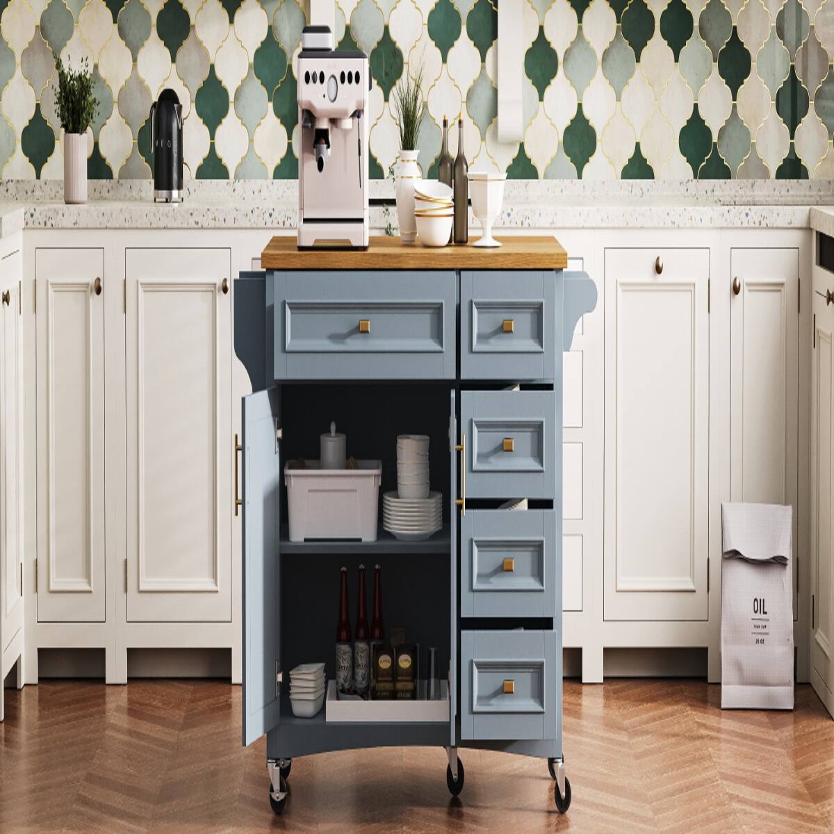 Loheer 52 inch kitchen island with drop leaf, kitchen storage cart, 5 ...