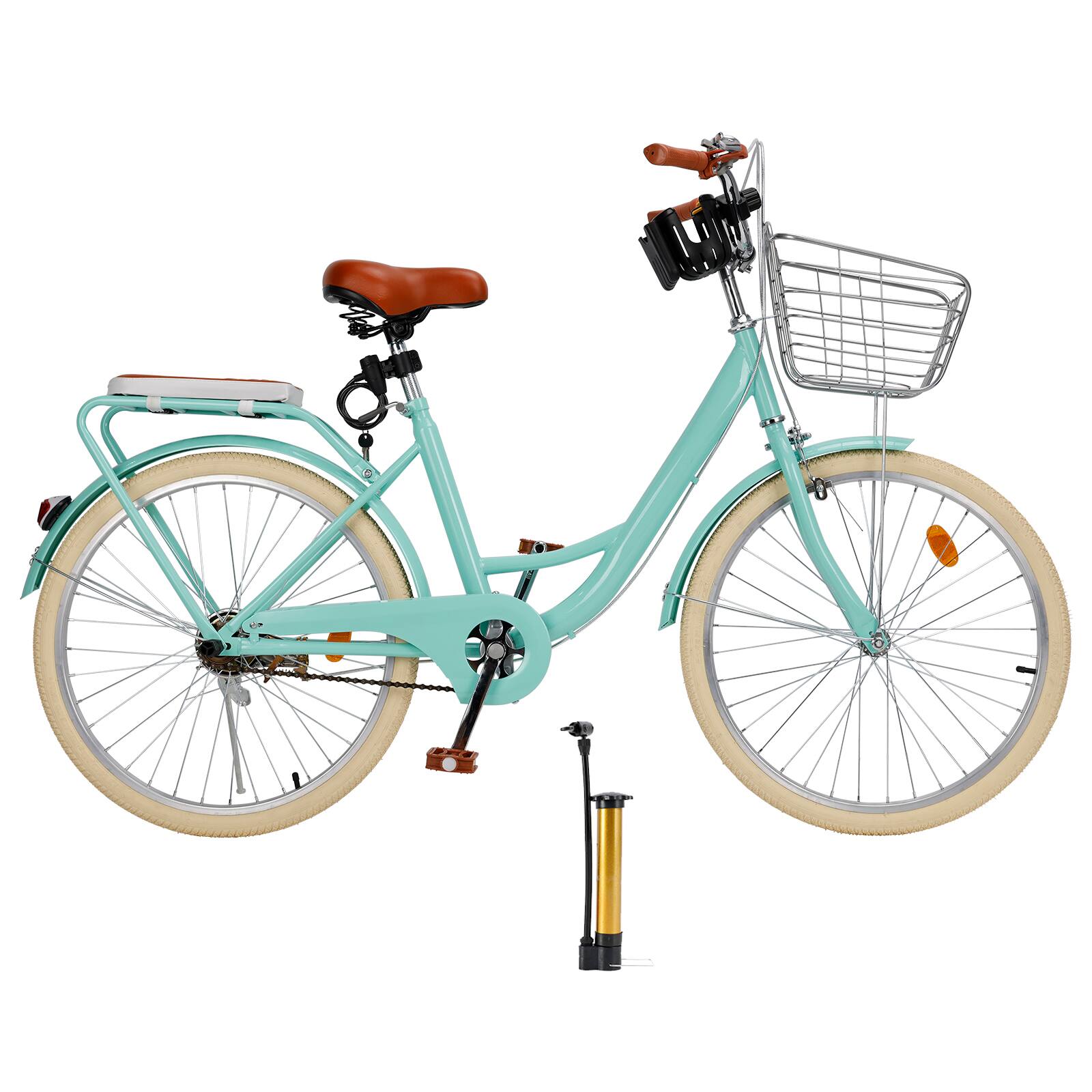 Left. Topteng - 24" Beach Cruiser Bike for Men/Women with Cup Holder, High Carbon Steel Frame, Dual Brakes, Rear Rack and Basket, Green - Green.