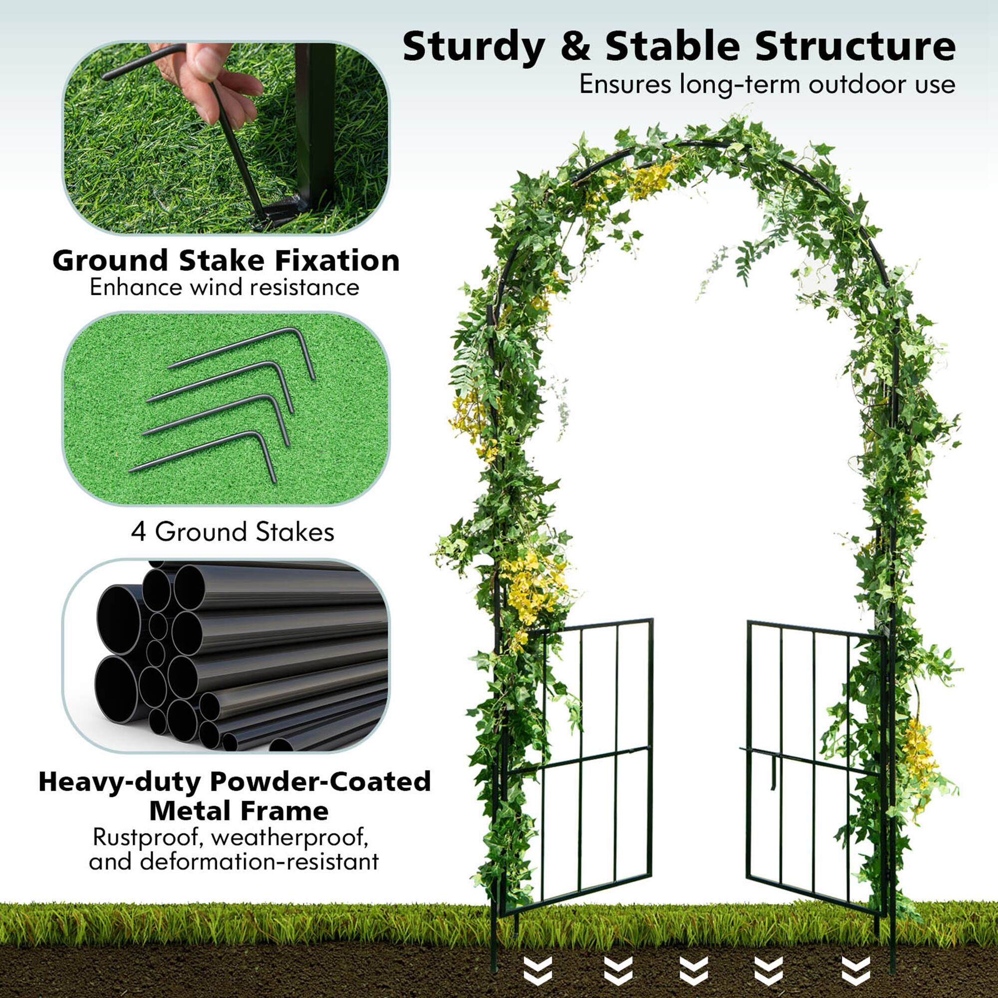 Sturdy & Stable Structure Ensures long-term outdoor use Ground Stake Fixation Enhance wind resistance 4 Ground Stakes Heavy-duty Powder-Coated Metal Frame Rustproof, weatherproof, and deformation-resistant.