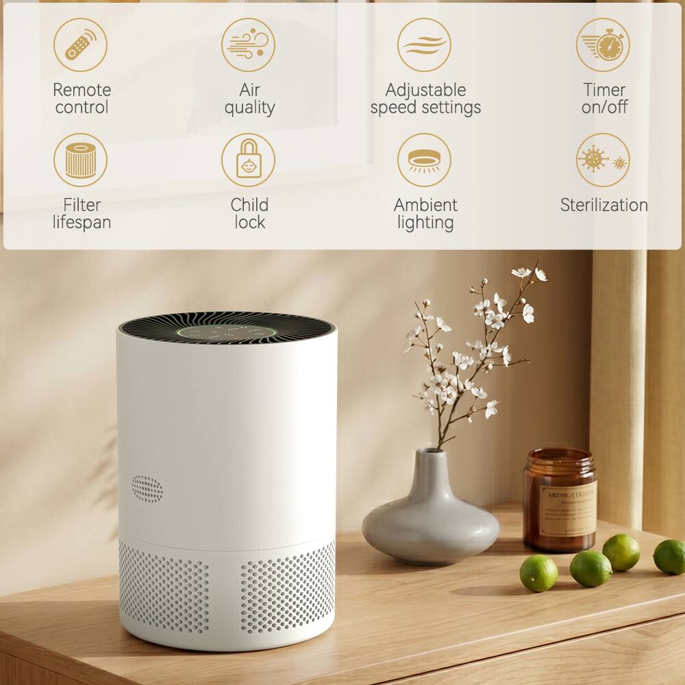 Remote control  
Air quality  
Adjustable speed settings  
Timer on/off  
Filter lifespan  
Child lock  
Ambient lighting  
Sterilization