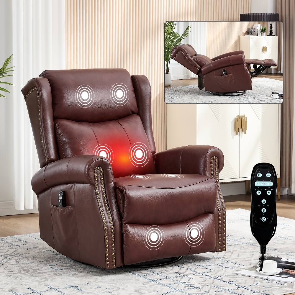 Alt View 1. Ropilly - Ropilly Red Genuine Leather Recliner, Swivel Rocker Massage Chair with Lumbar Heat - Red.