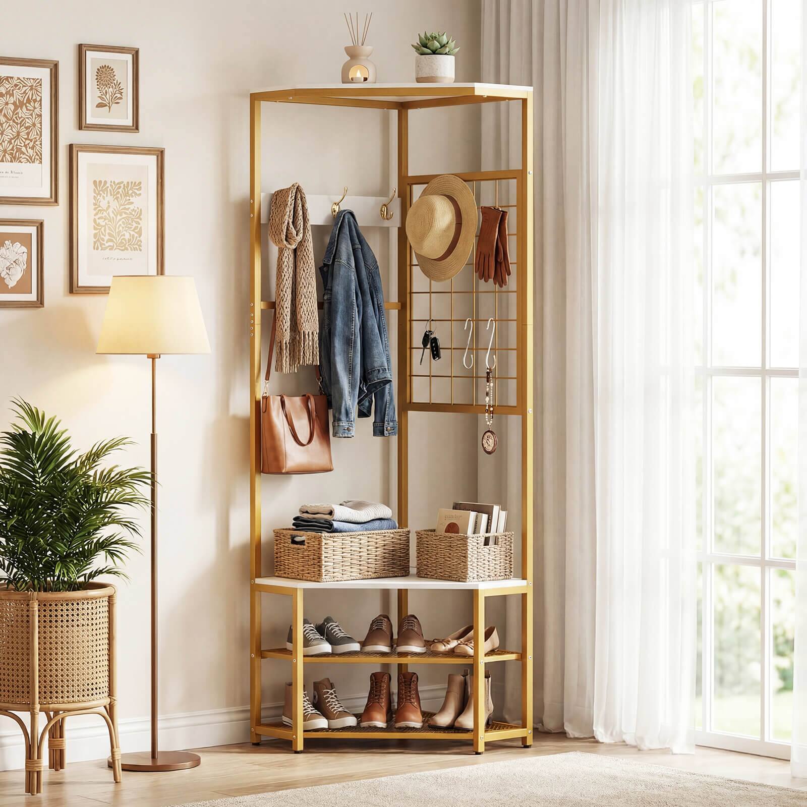 Alt View 4. Costway - Costway Corner Hall Tree, Freestanding Coat Rack with Storage Shelves & Removable Hooks - Gold + White.