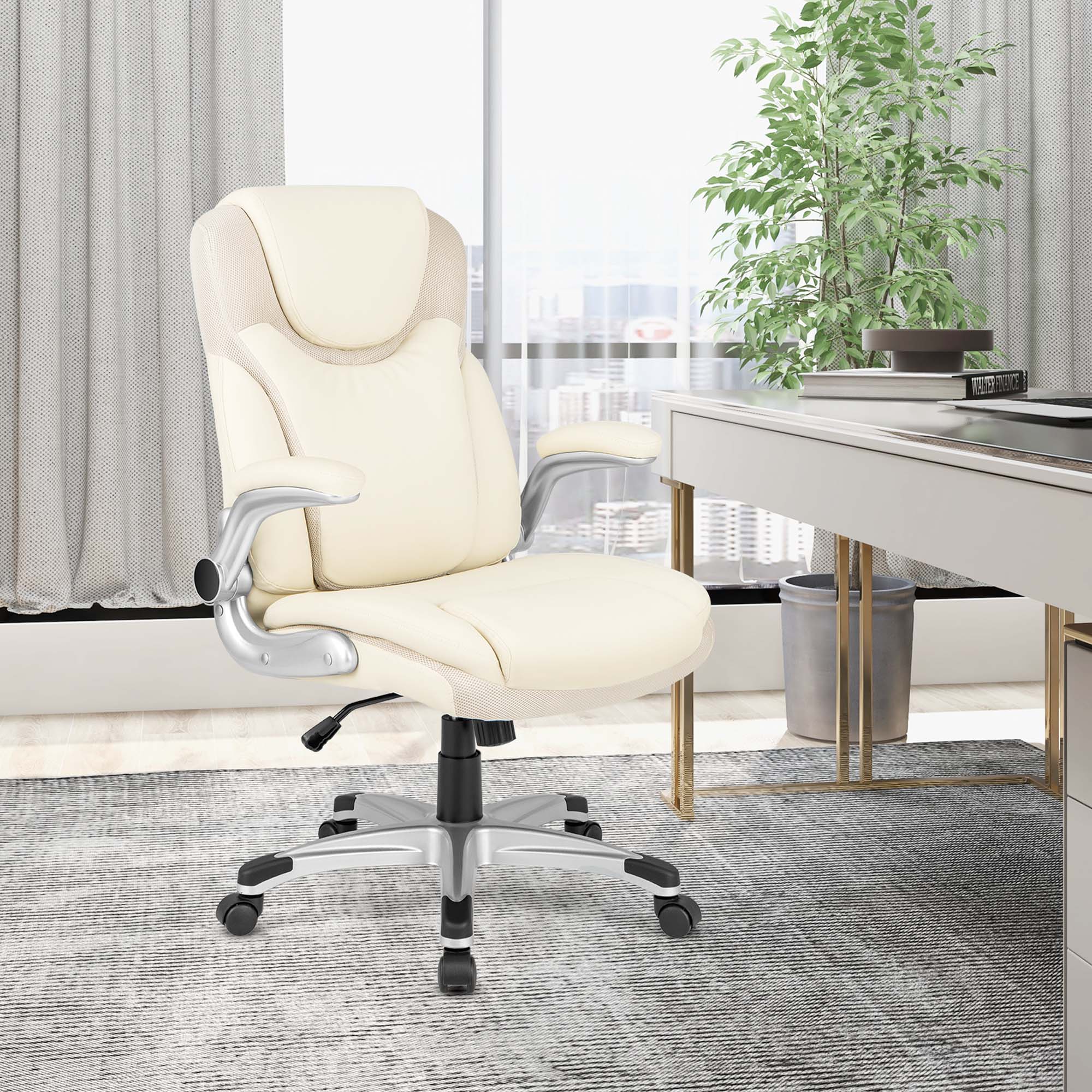 Alt View 4. Costway - Ergonomic Executive PU Leather Office Chair with Swivel and Flip-up Armrests - Beige White.