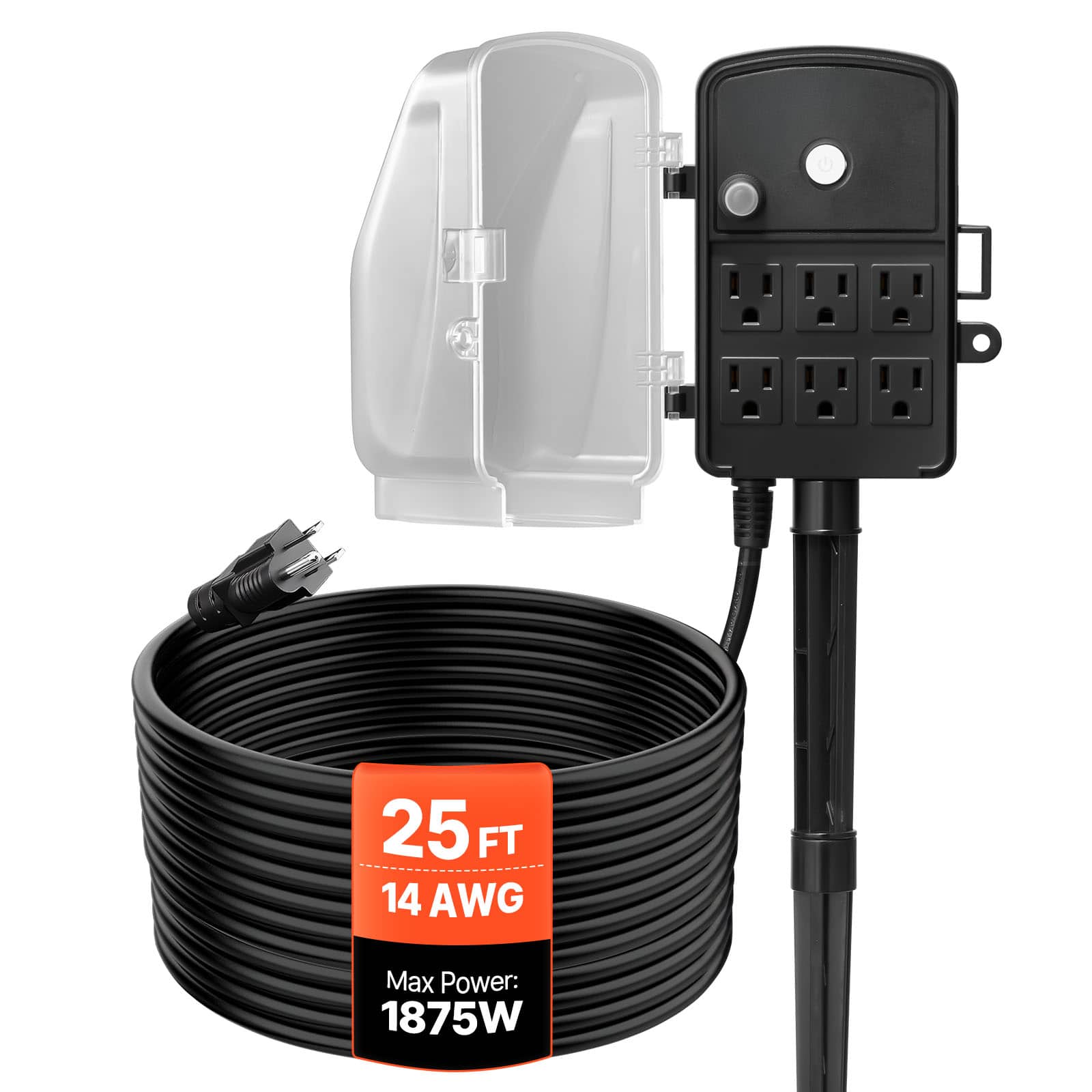 VEVOR - Outdoor Power Stake, 25 FT Extension Cord, Outdoor Power Strip Weatherproof with Cover and Overload Protection,6 Outlets - Black