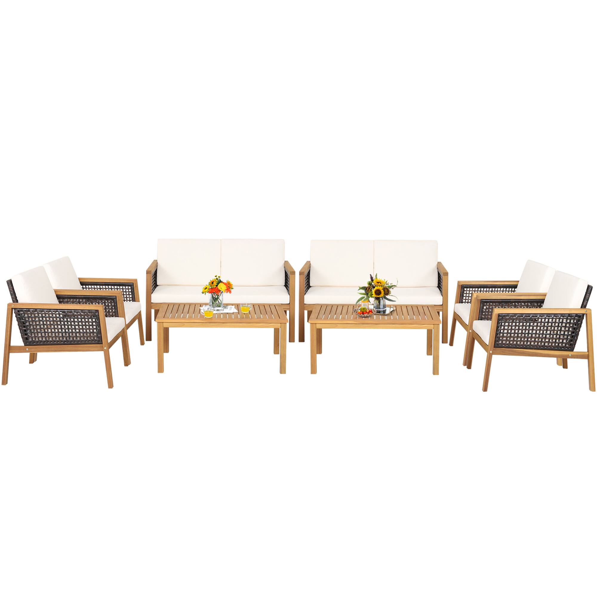 Alt View 1. Gymax - Gymax 8PCS Patio Acacia Wood Furniture Set PE Rattan Conversation Set w/ Off White Cushions - Off White.