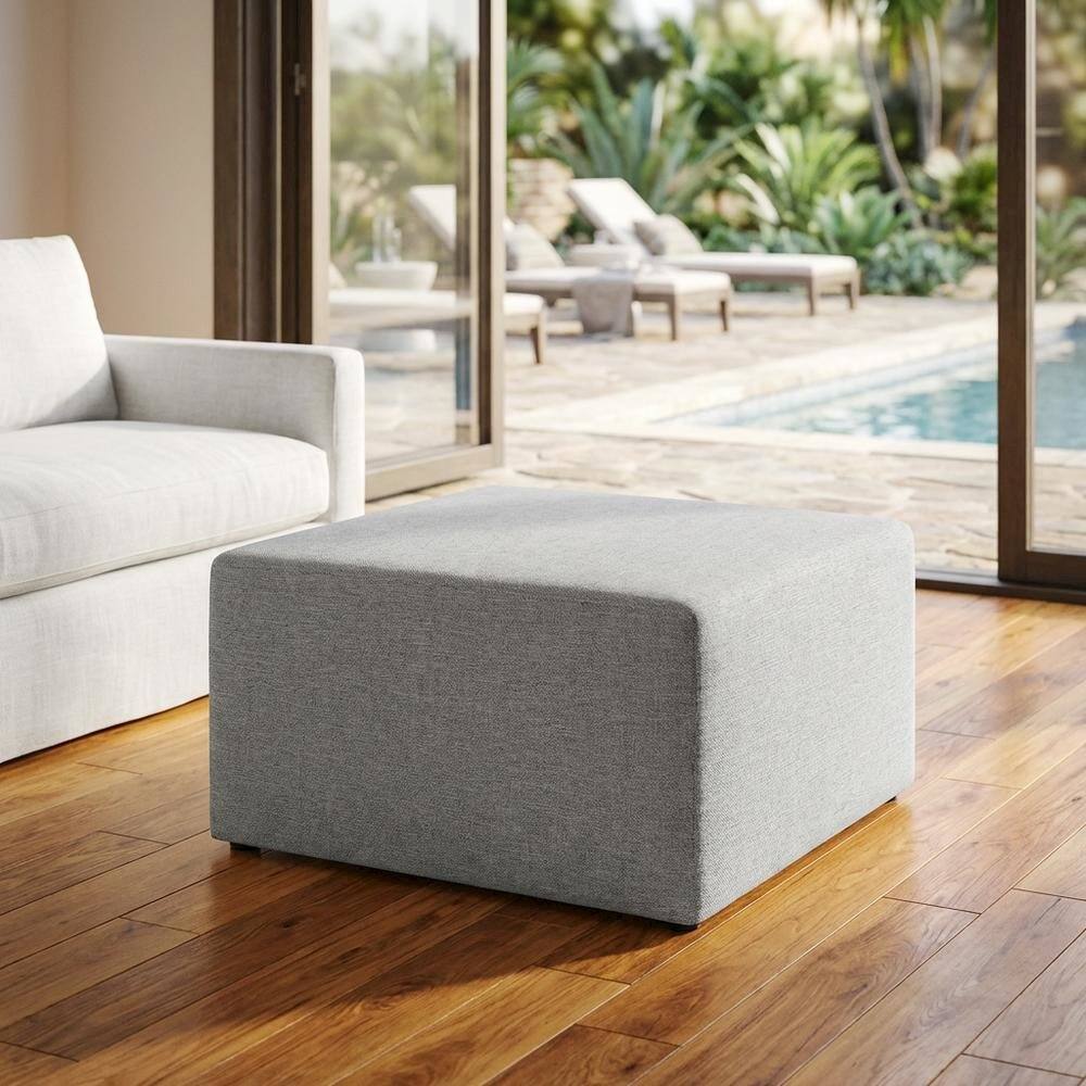 Left. Outdoor Escape - Square woven fabric ottoman with cushioned top, outdoor durable design - Gray.