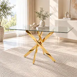 Loheer - Rectangular Glass Dining Table with Legs, 47 Inch Tempered Glass Table - Gold