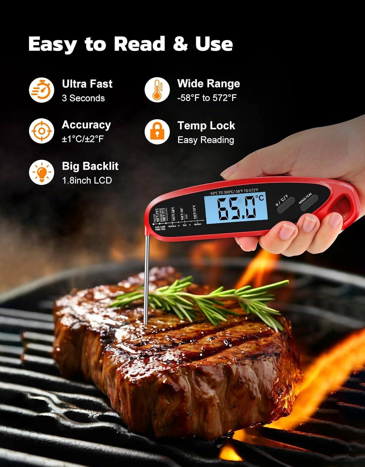 Easy to Read & Use

Ultra Fast
3 Seconds

Wide Range
-58°F to 572°F

Accuracy
±1°C/±2°F

Temp Lock
Easy Reading

Big Backlit
1.8-inch LCD

-50°C to 300°C / -58°F to 572°F
°C / °F
HOLD / CAL