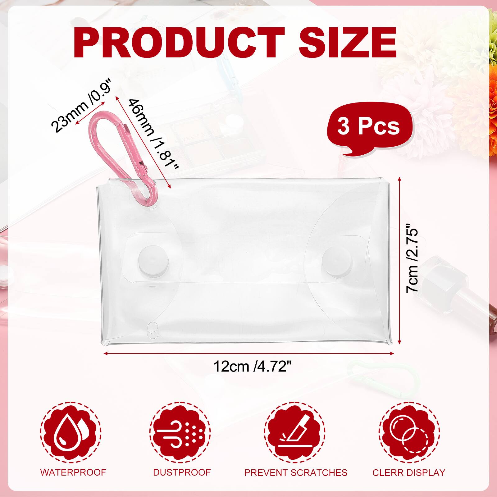 PRODUCT SIZE

- 23mm / 0.9"
- 46mm / 1.81"
- 7cm / 2.75"
- 12cm / 4.72"

3 Pcs

WATERPROOF
DUSTPROOF
PREVENT SCRATCHES
CLEAR DISPLAY