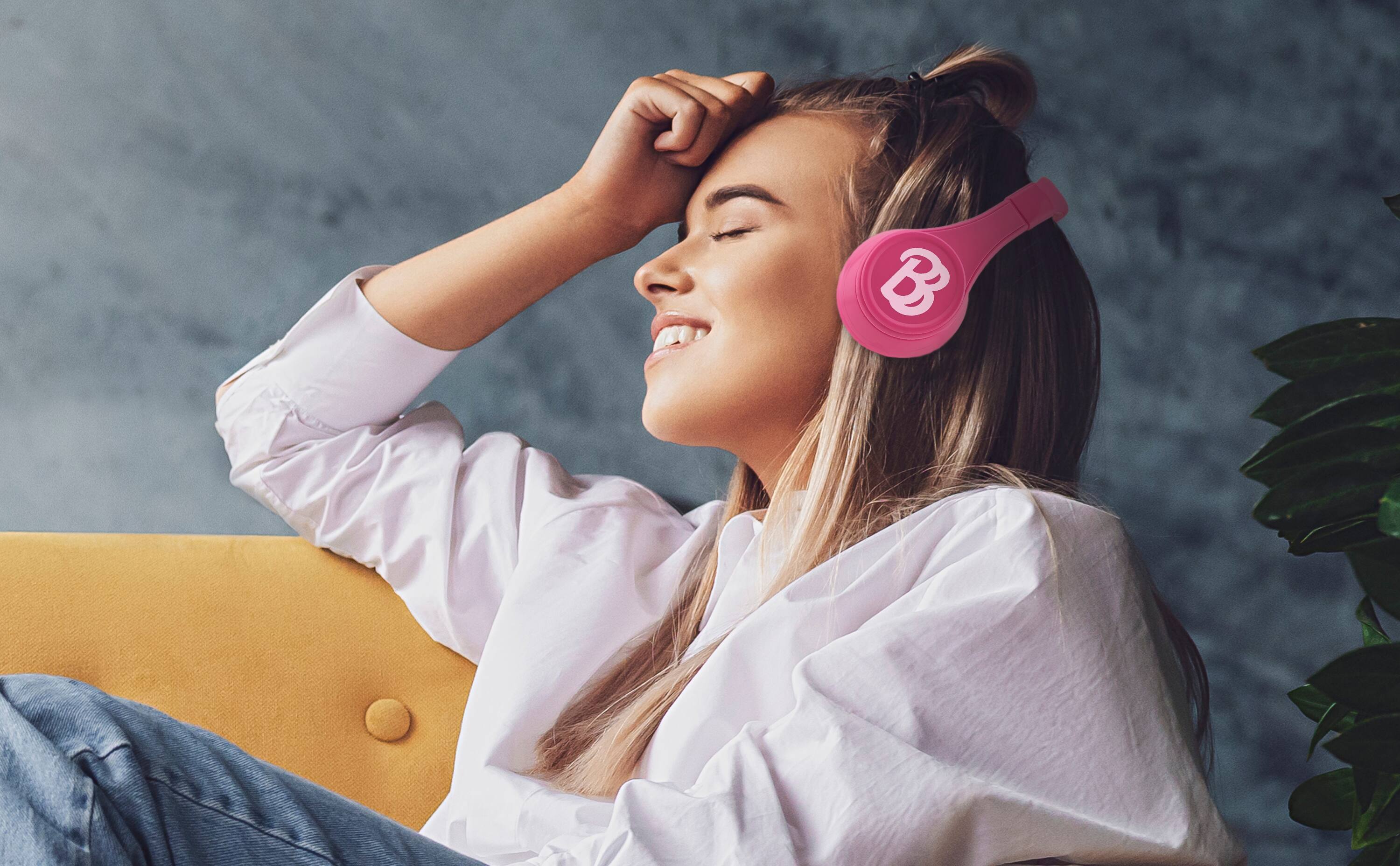 Left. eKids - eKids Barbie Bluetooth Headphones for Kids, Wireless Headphones for School, Home, or Travel - Pink.