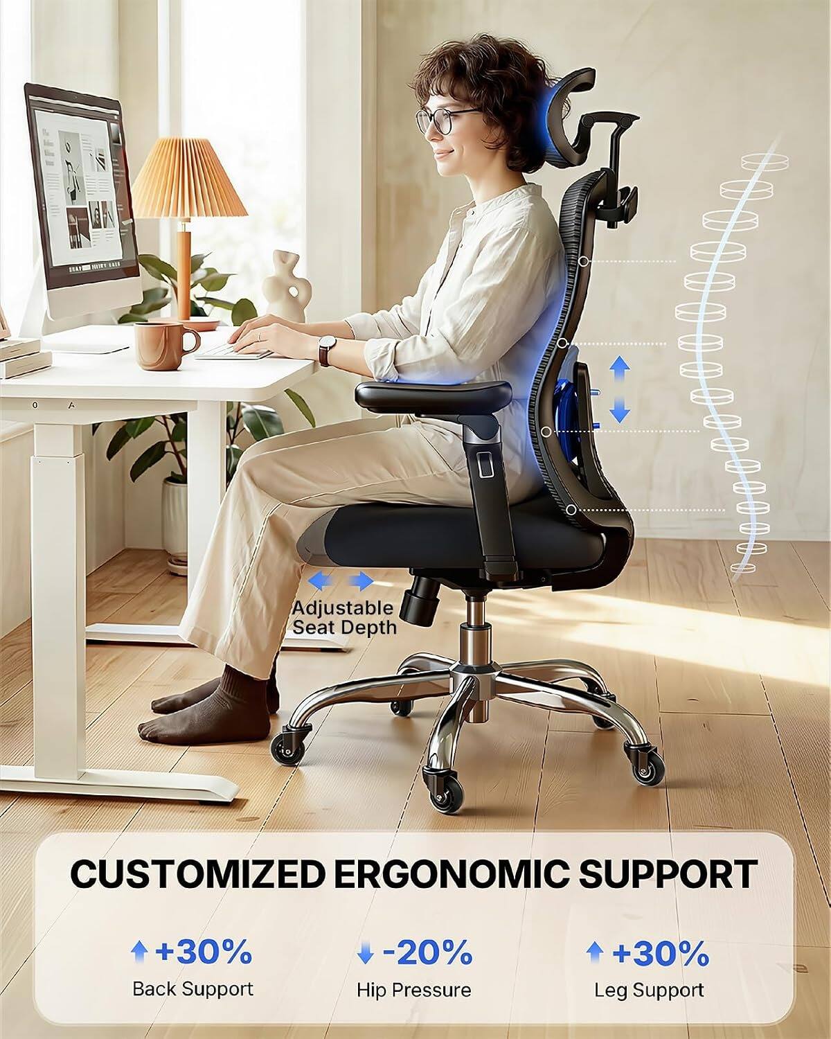 Adjustable Seat Depth  
CUSTOMIZED ERGONOMIC SUPPORT  
+30% Back Support  
-20% Hip Pressure  
+30% Leg Support