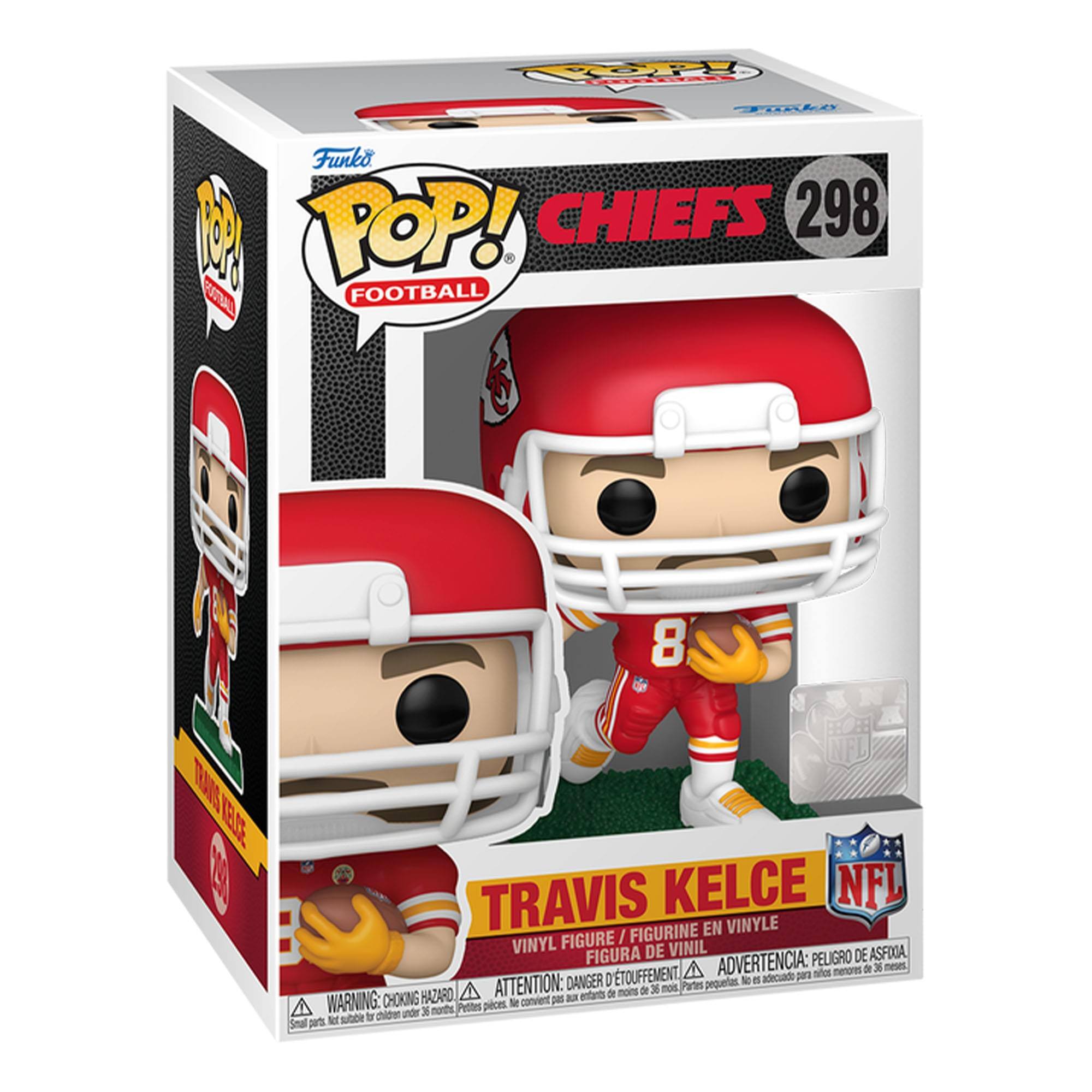 **Top Left:**
- POP! FOOTBALL
- TRAVIS KELCE
- 298

**Top Center:**
- CHIEFS 298

**Top Right:**
- NFL

**Bottom Center:**
- TRAVIS KELCE
- VINYL FIGURE / FIGURINE EN VINYLE / FIGURA DE VINIL

**Bottom Left:**
- WARNING: CHOKING HAZARD - Small parts. Not for children under 3 years.
- ATTENTION: PELIGRO DE AHOGO - Piezas pequeñas. No es adecuado para menores de 3 años.
- ADVERTENCIA: PEQUEÑAS PIEZAS - PELIGRO DE ASFIXIA. No es adecuado para menores de 3 años.

**Bottom Right:**
- NFL