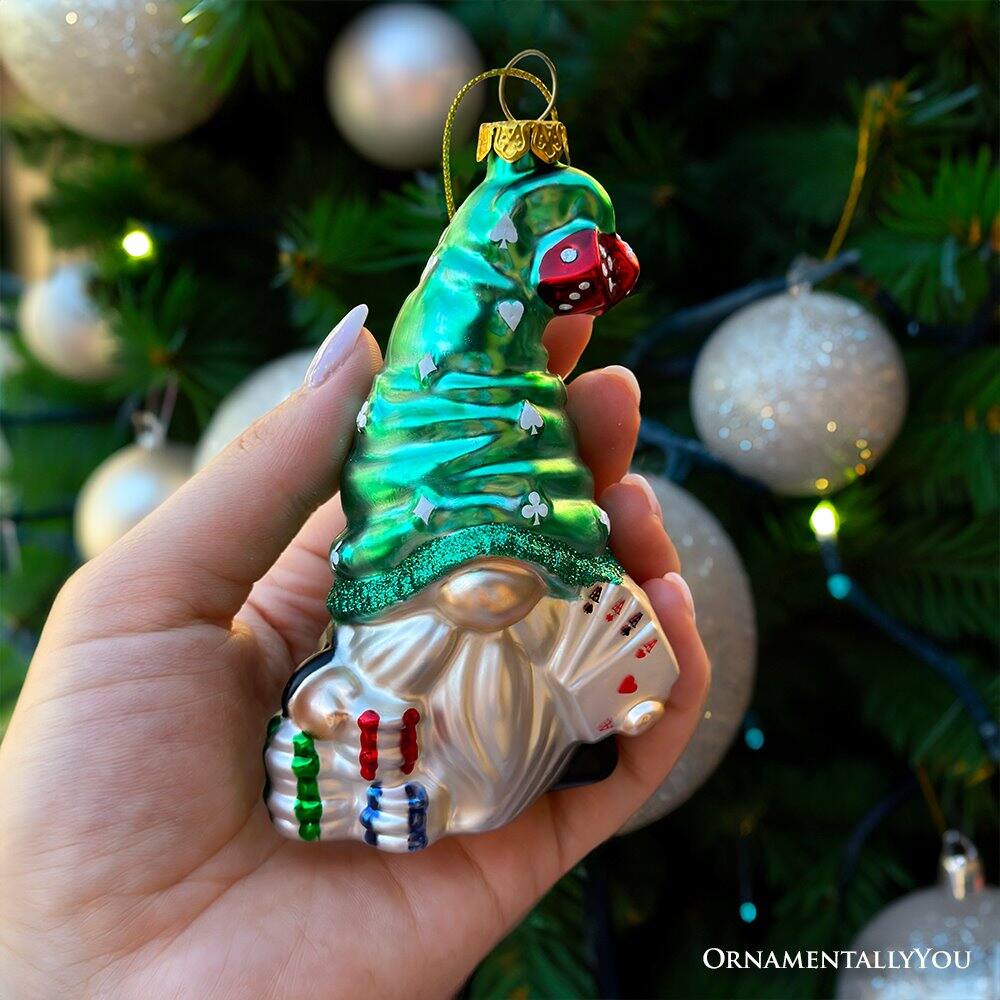 Back. OrnamentallyYou - Casino Poker Gnome Glass Ornament Cute Christmas Gambler - Multi-colored.