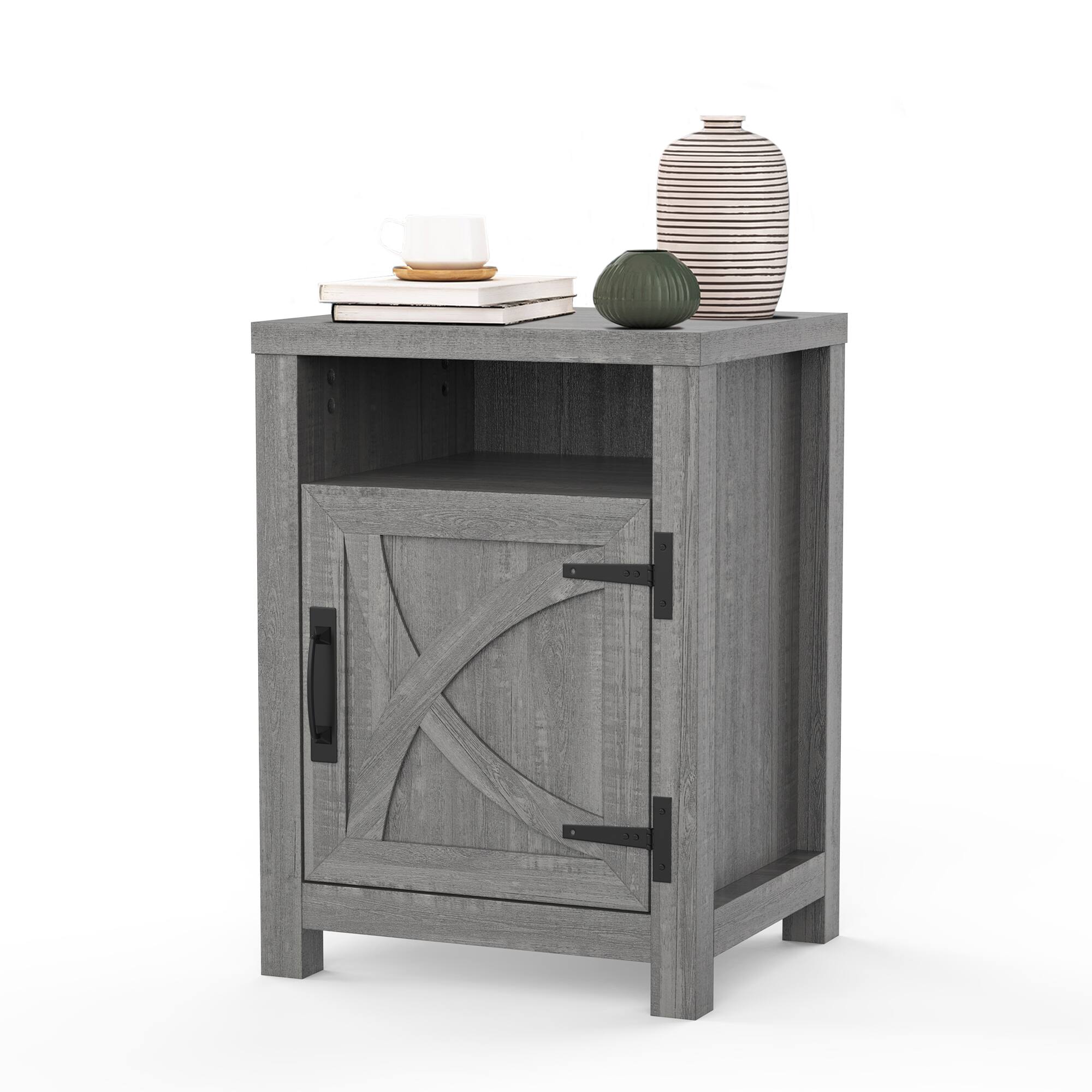 Alt View 5. Ihomeadore - Farmhouse Barn Door Grey Nightstand Bedside Table with Storage Shelf - Grey.