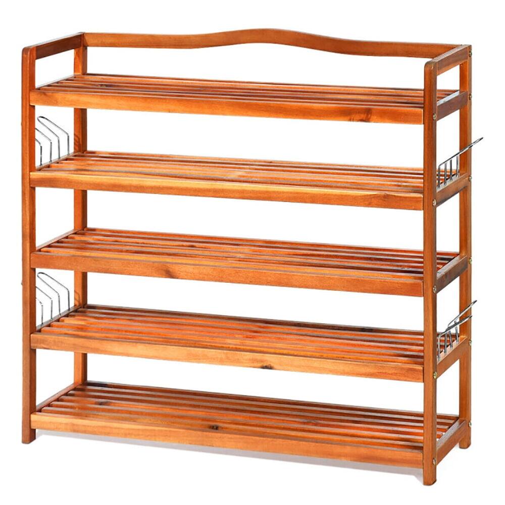 Angle. Kadyn - 5-Tier Wood Large Shoe Rack Holds up 12-18 Pairs, Space-Saving Shoe Rack Organizer for Closet Entryway - Brown.