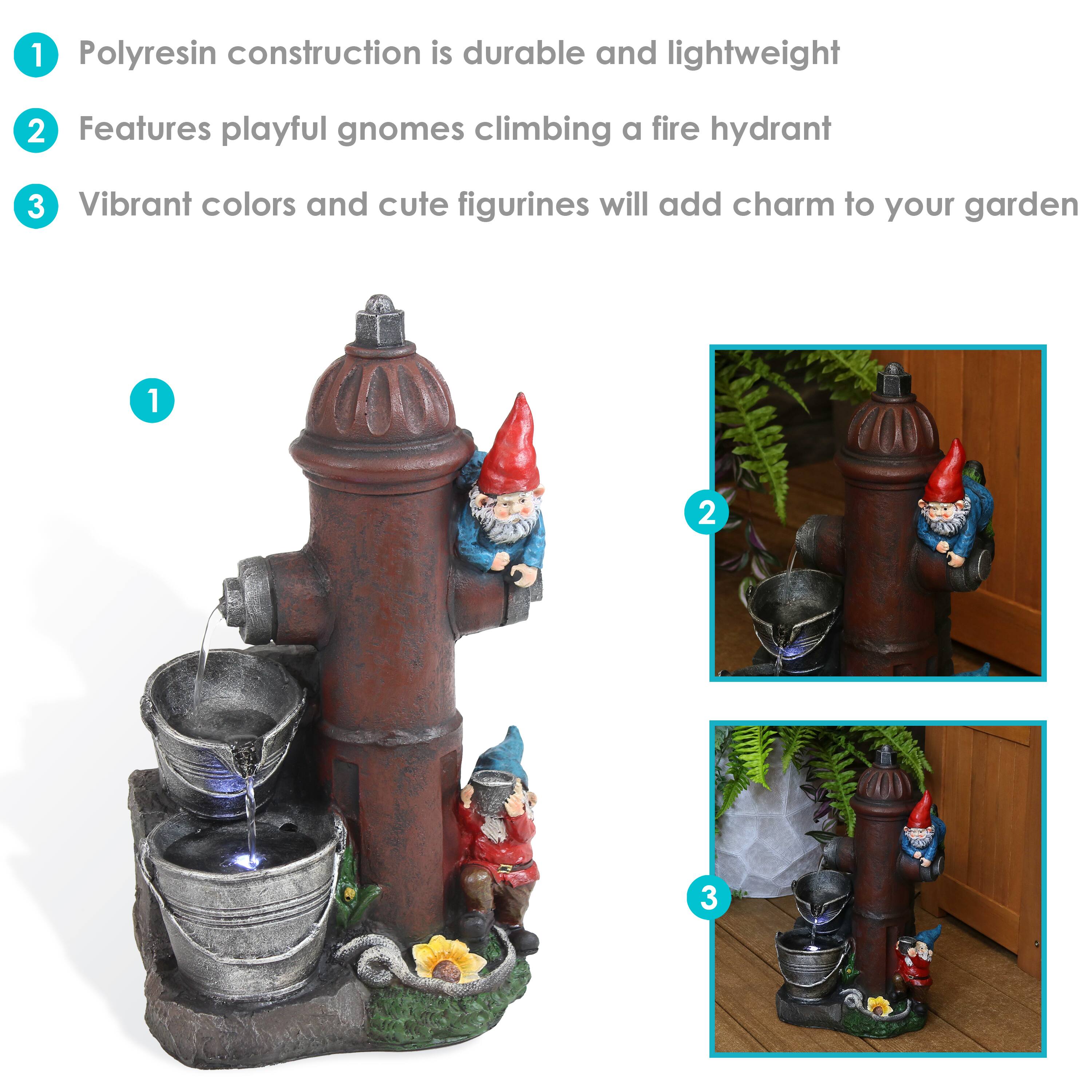 1. Polyresin construction is durable and lightweight  
2. Features playful gnomes climbing a fire hydrant  
3. Vibrant colors and cute figurines will add charm to your garden
